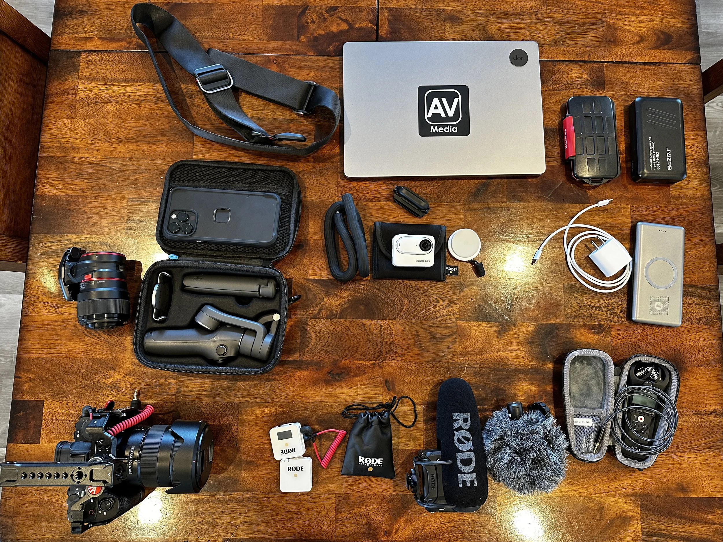 top-down shot of a bunch of video and photo equipment on a table