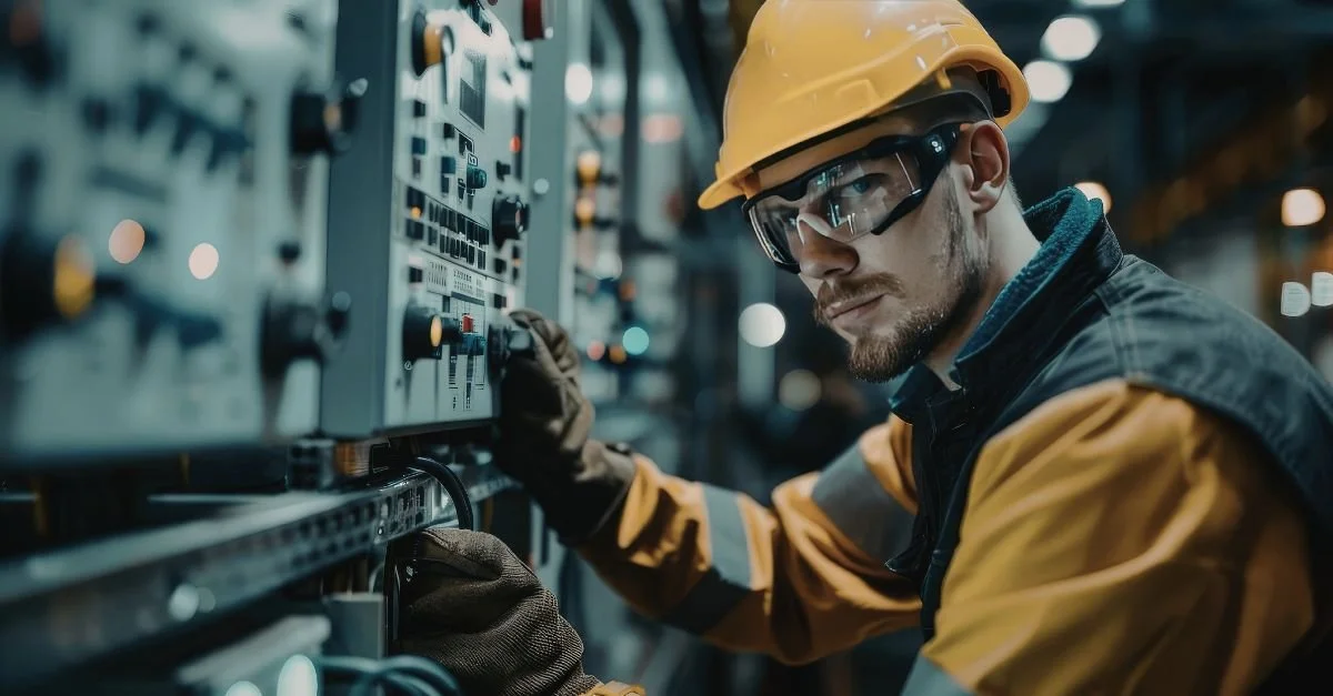 Engineer adjusting industrial control panel