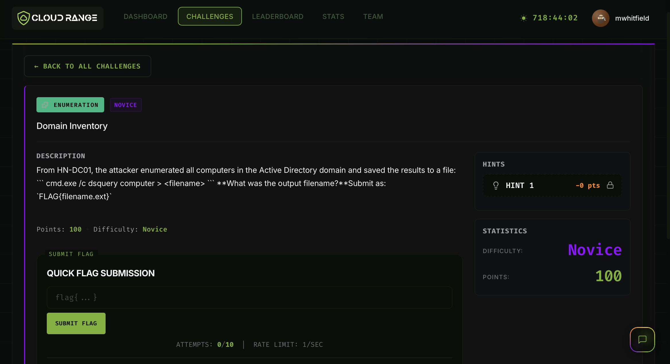 Cloud Range CTF challenge with instructions, difficulty level, points, hints, and flag submission.