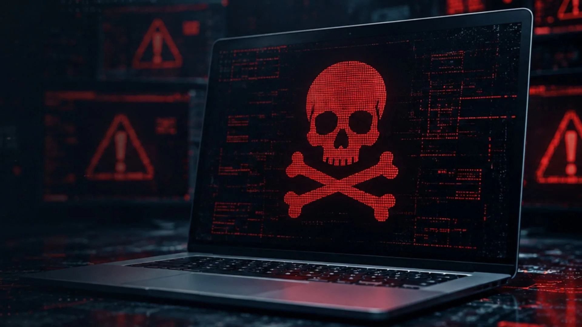 Laptop displaying a red skull and crossbones, representing ransomware attacks and cyber threats.