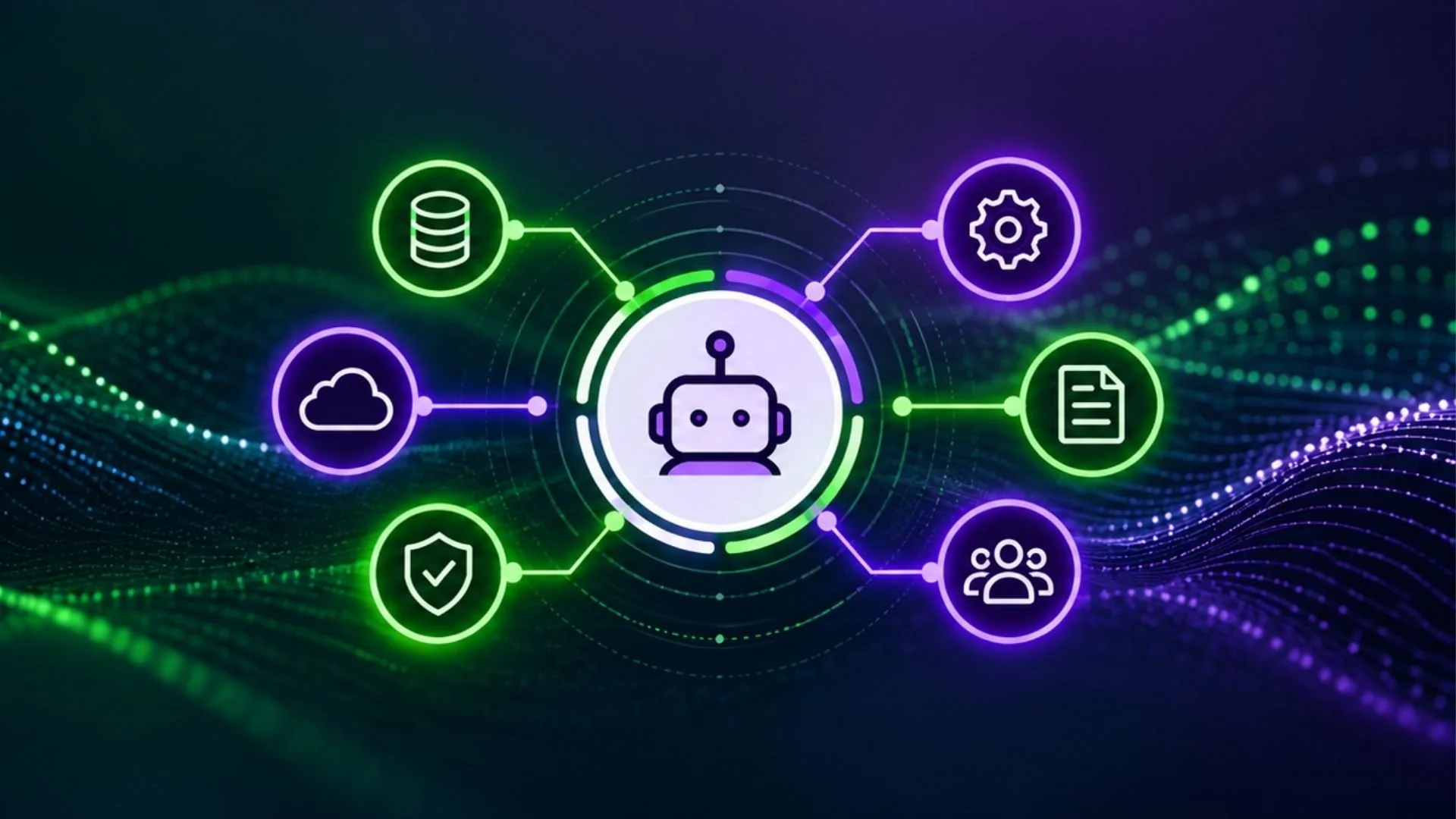 AI agent connected to enterprise systems, security tools, data, and users, representing increasing access and autonomy.