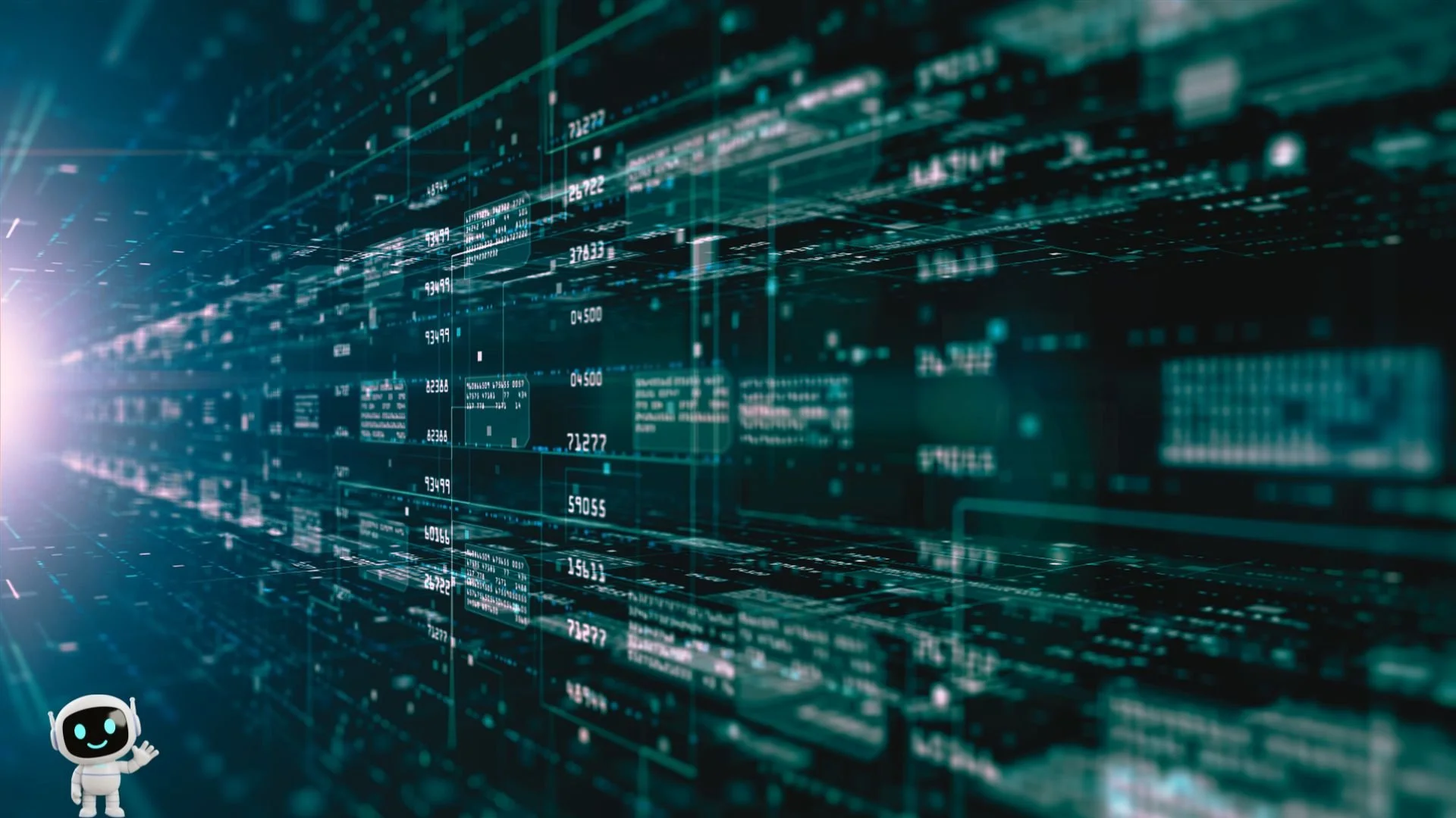Abstract data network environment with overlay of AI "robot" waving