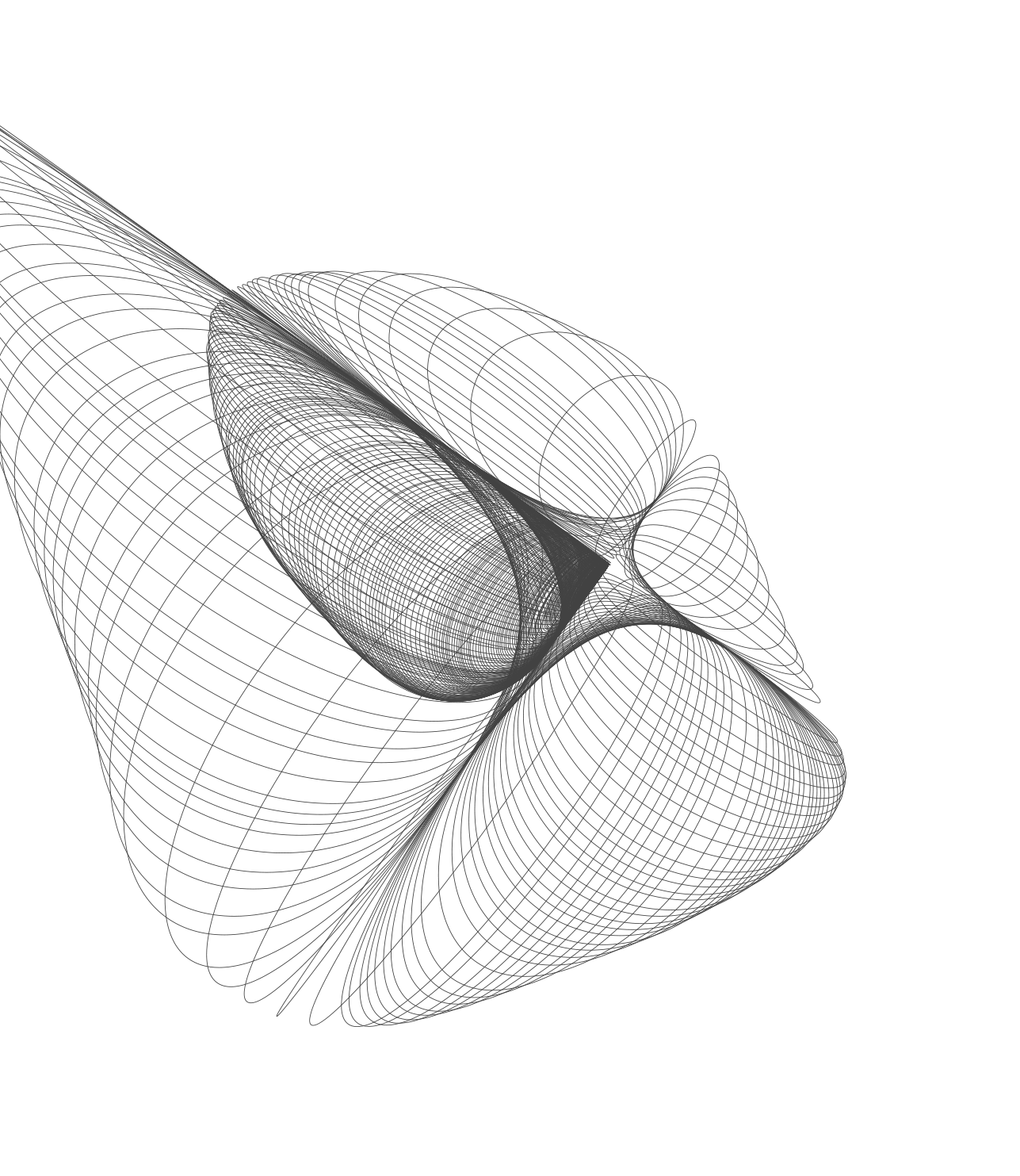 A 3D wireframe model of an abstract geometric shape with interconnected loops and curves on a black background.