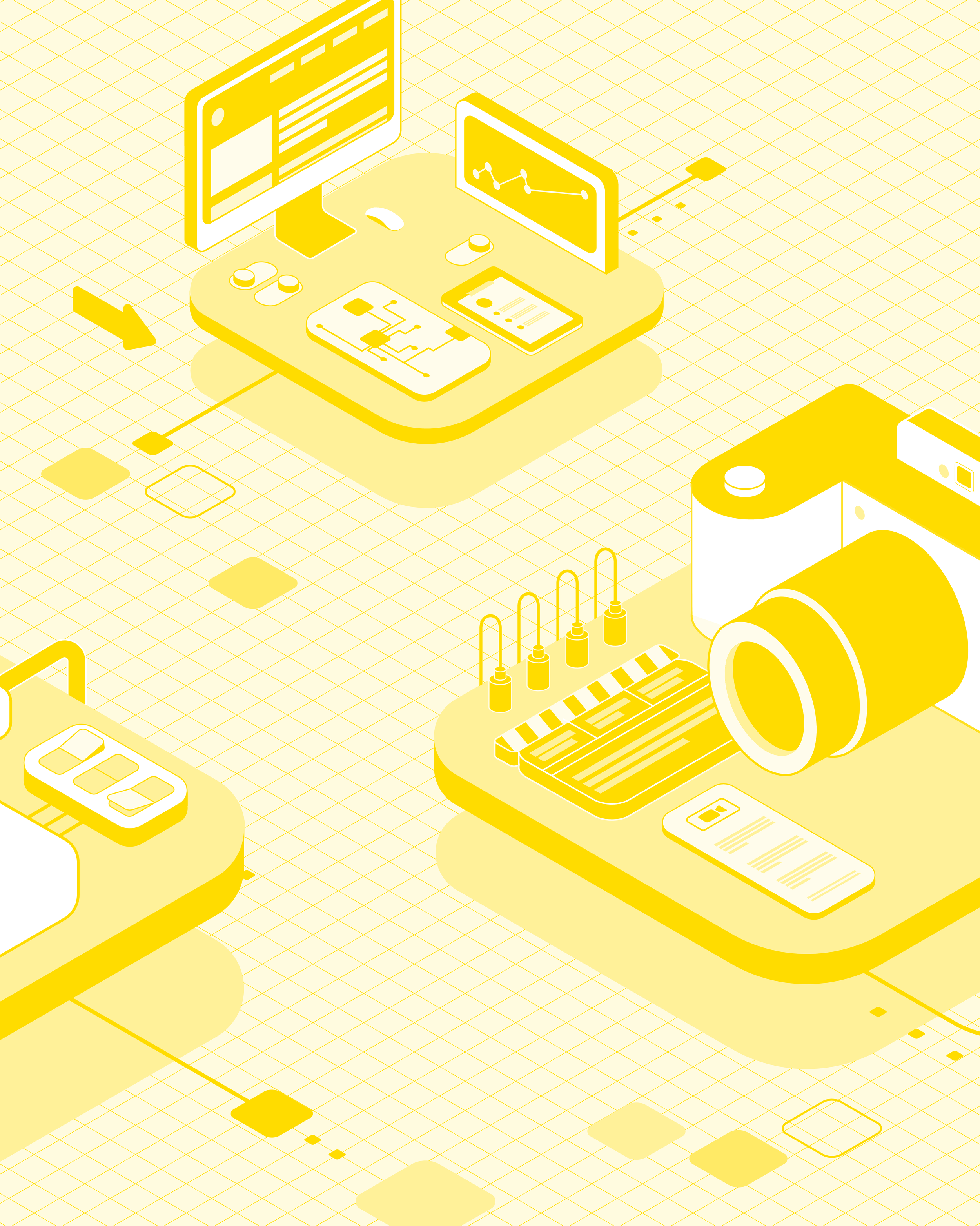 Isometric illustration of digital technology devices and graphical interfaces in yellow and white. Features include computer screens, a keyboard, a tablet, flowcharts, line graphs, and control panels.