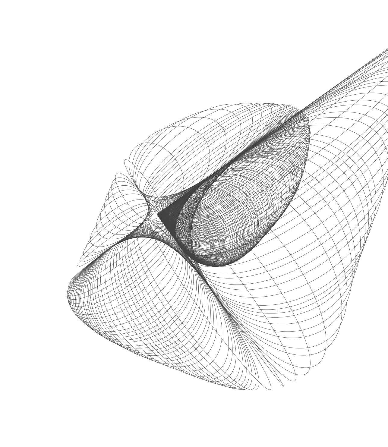 3D wireframe geometric shape resembling interconnected cylinders on a black background.