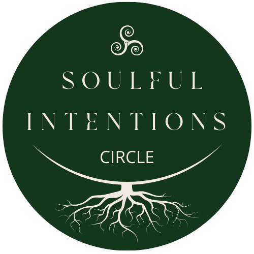 Logo with text "New Moon Soul Circle" featuring a crescent moon and root design on a dark green background.