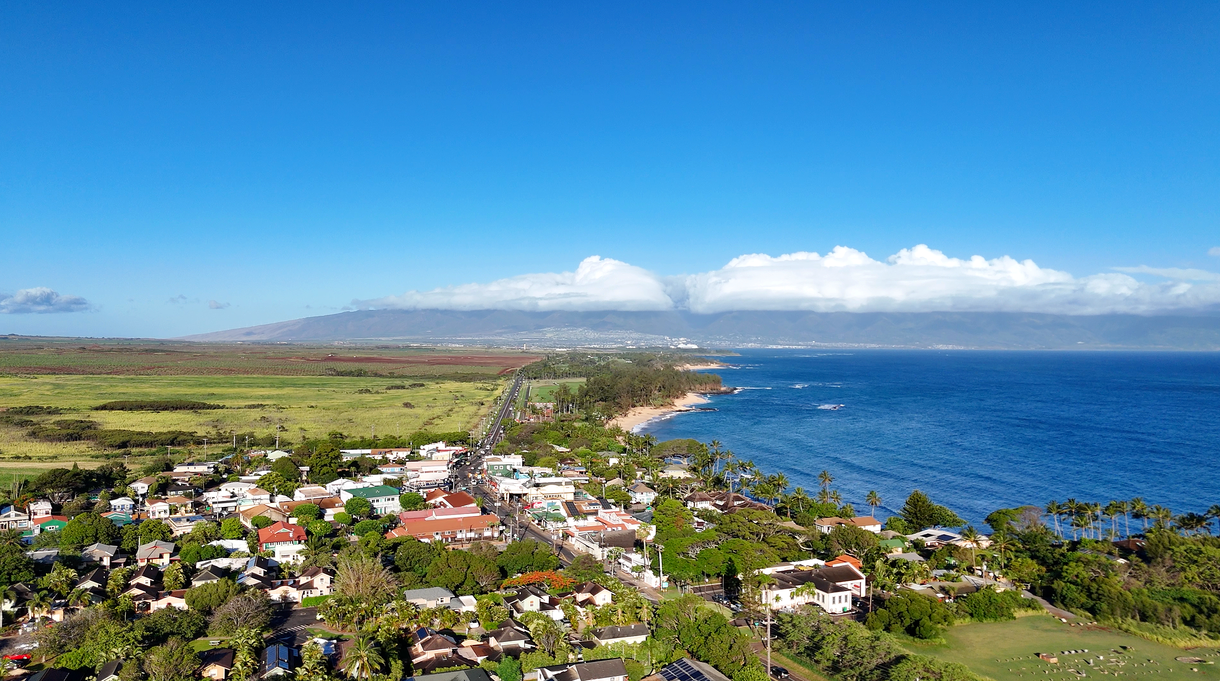 Aerial view of Paia surf town on the North Shore of Maui