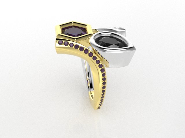 Customized Black Diamond and Amethyst Ring | Yellow Gold Side View