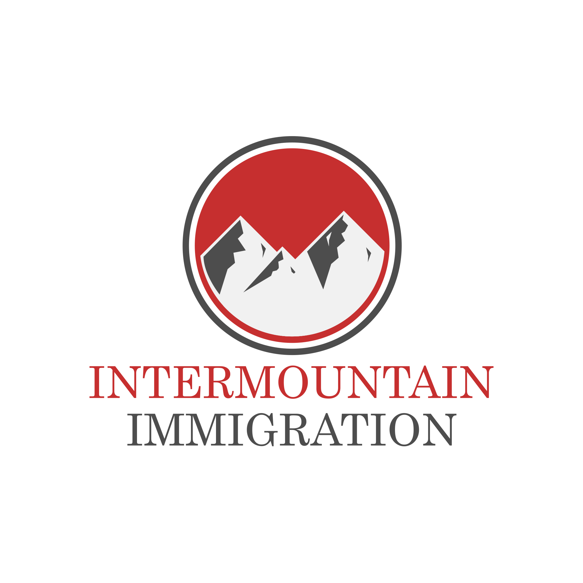 Logo featuring a circular design with stylized white mountains on a red background, accompanied by the text 'Intermountain Immigration' below.
