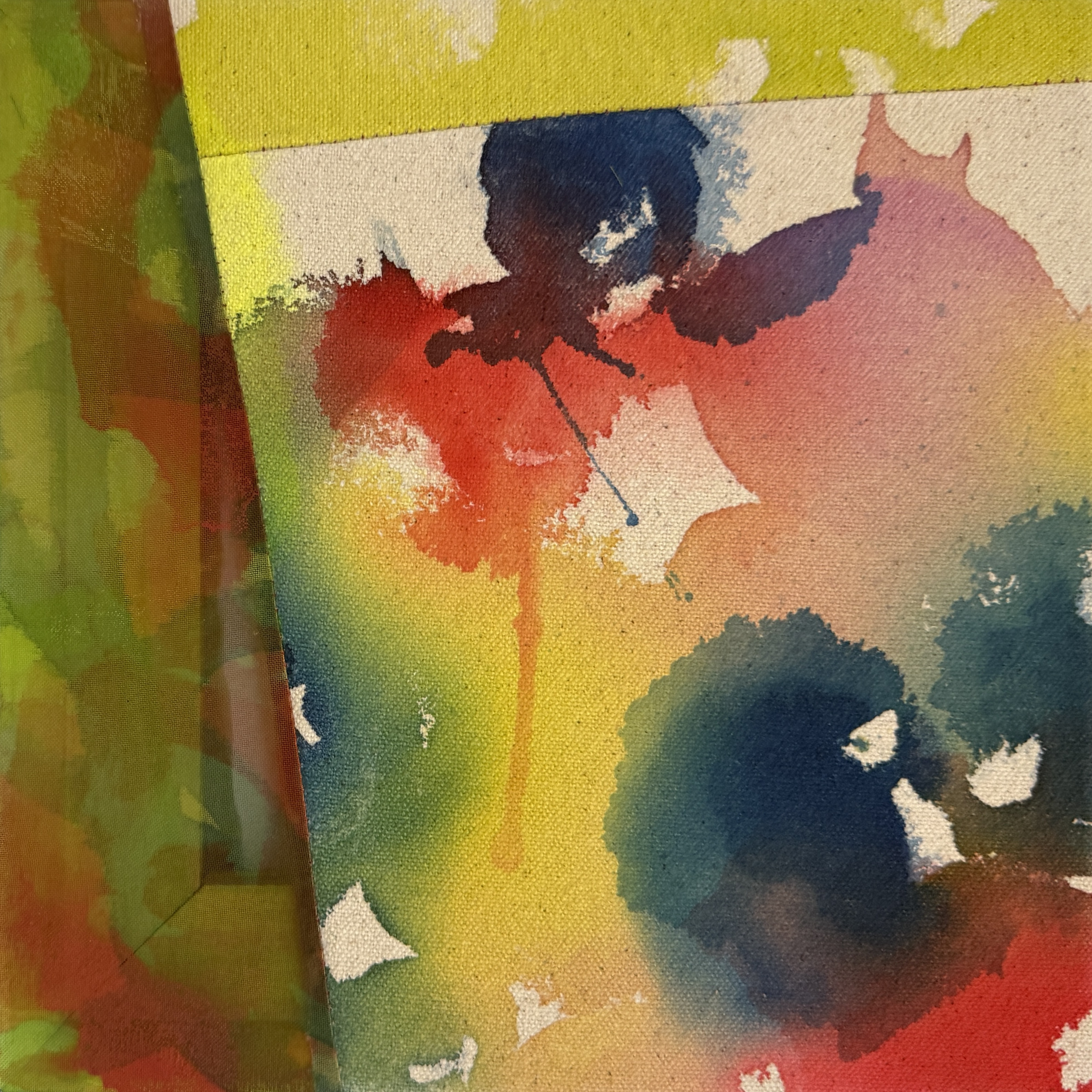 "Lime Combo II"
Acrylic on raw canvas, acrylic and dye on sheer fabric
8" x 8"