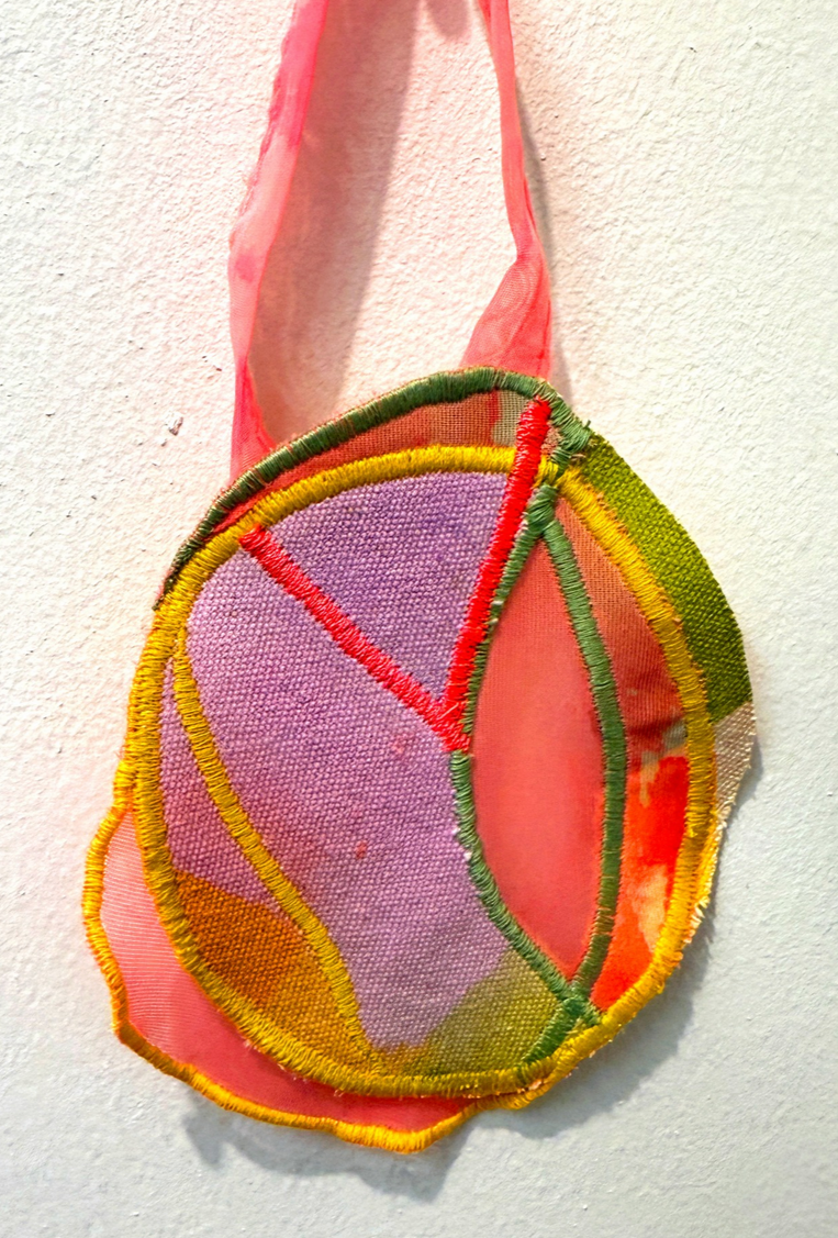 "Pastichette II"
Acrylic on raw canvas and sheer fabric, thread
approx. 8" x 3"