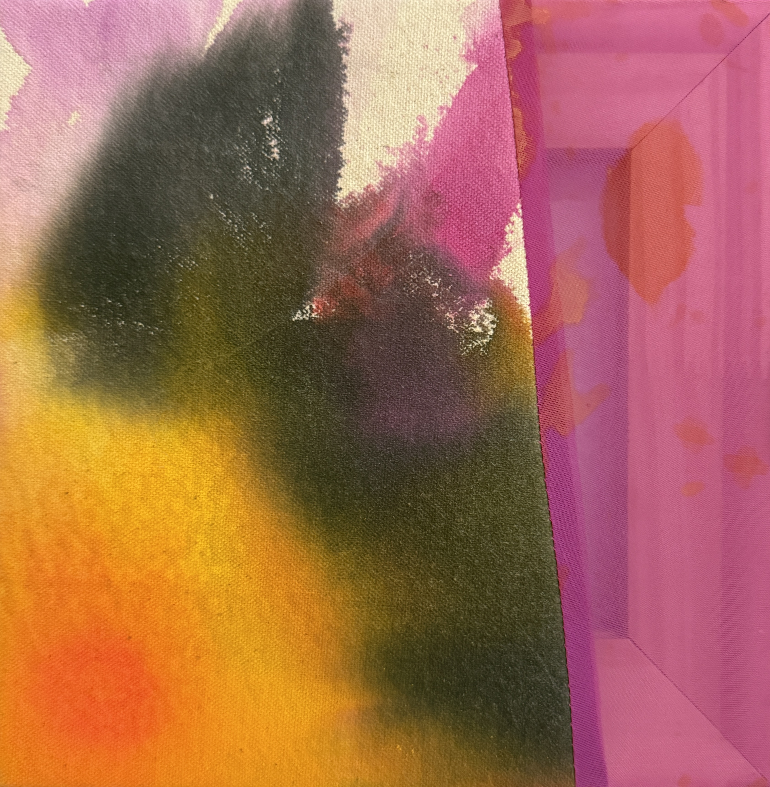 "Magenta Combo III", acrylic on raw canvas, fabric dye and acrylic on polyester fabric, 8" x 8"