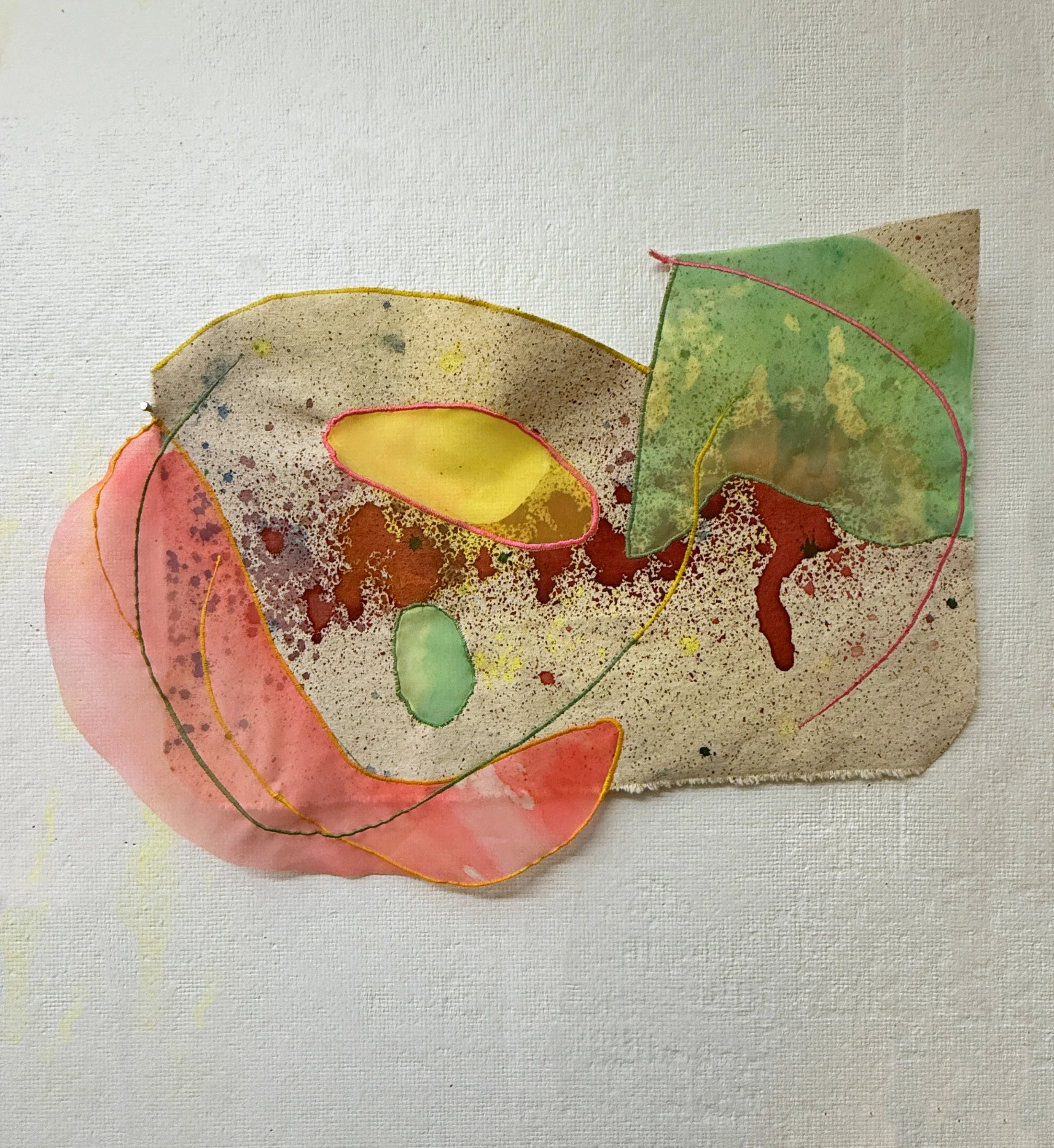 "Pastiche II"
acrylic on raw canvas and sheer fabric, thread
approx. 13" x 20"