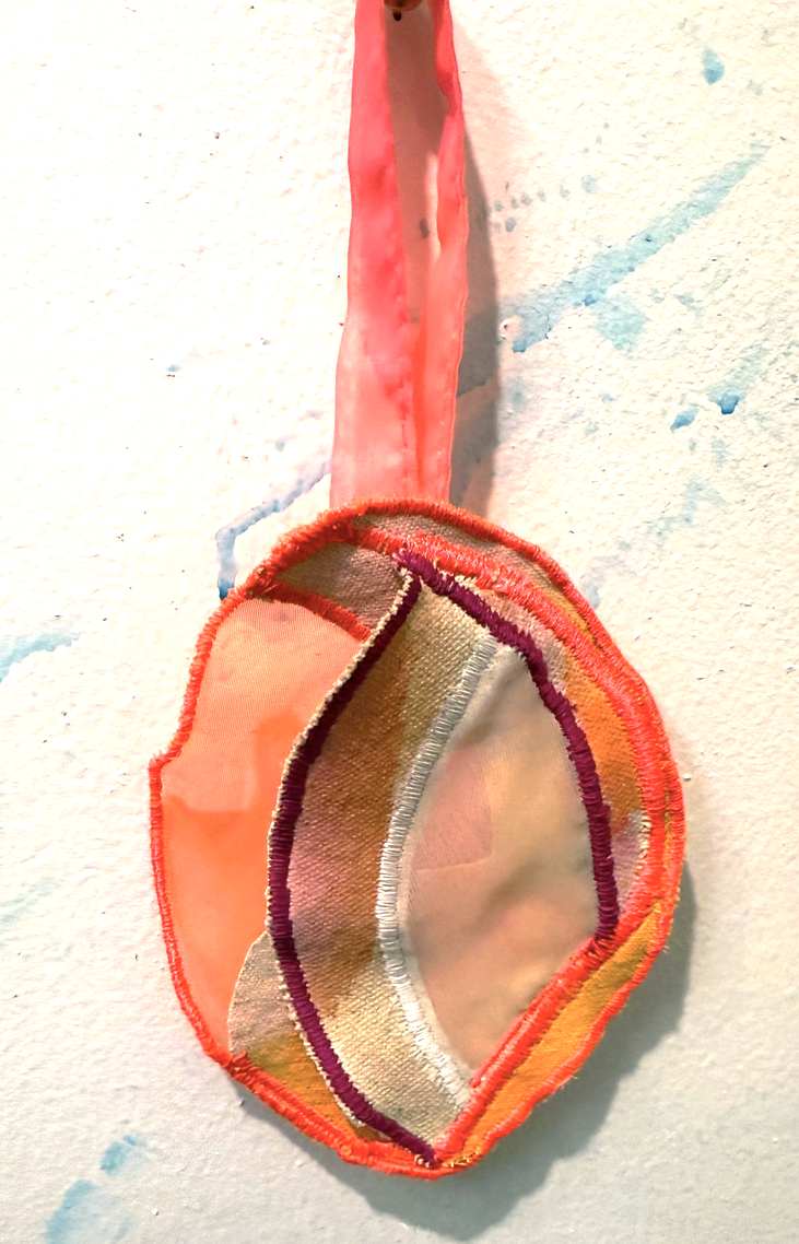 "Pastichette I"
Acrylic on raw canvas and sheer fabric, thread
approx. 8" x 3"