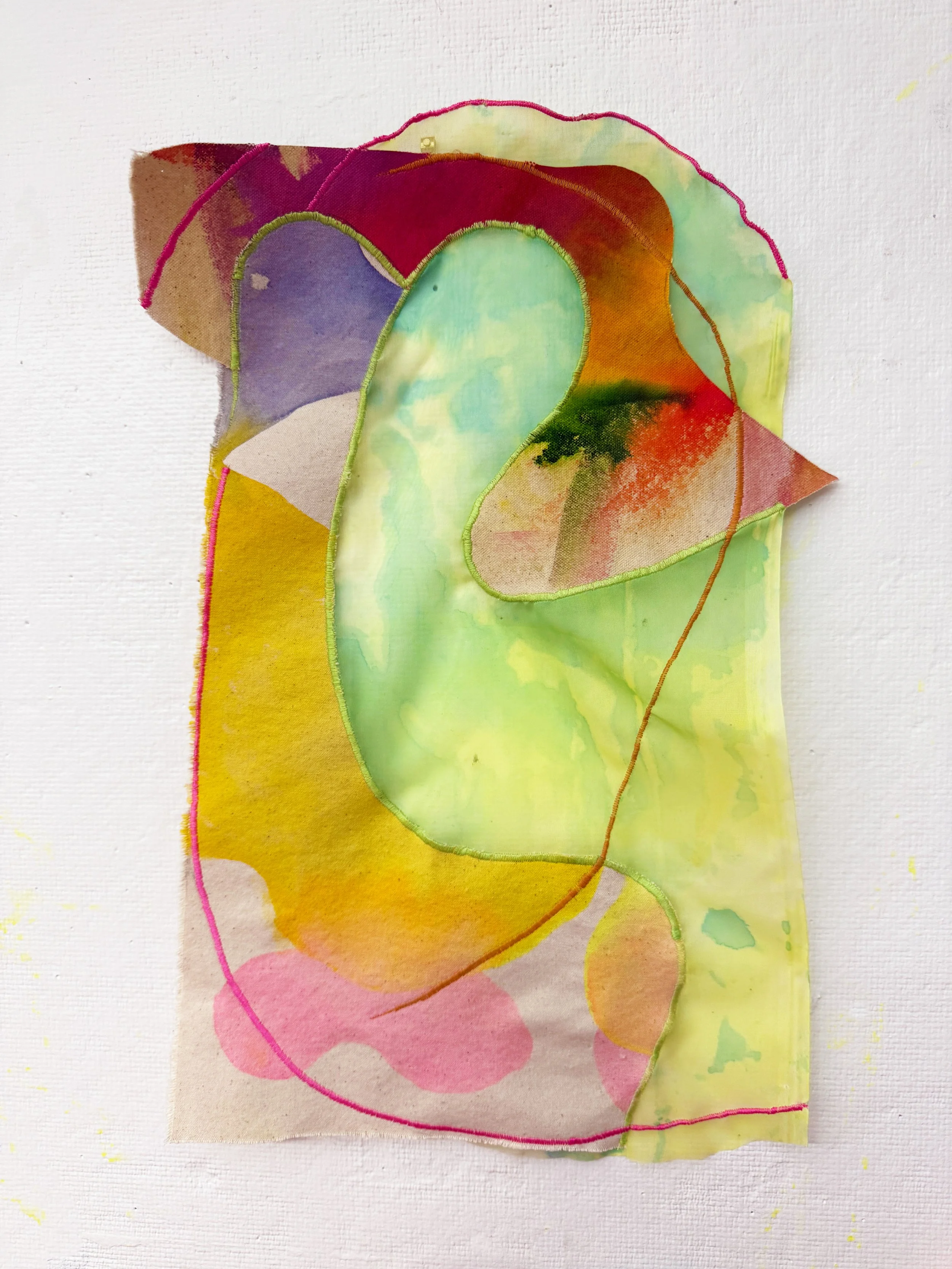 "Pastiche I"
acrylic on raw canvas and sheer fabric, thread
18" x 12.5"