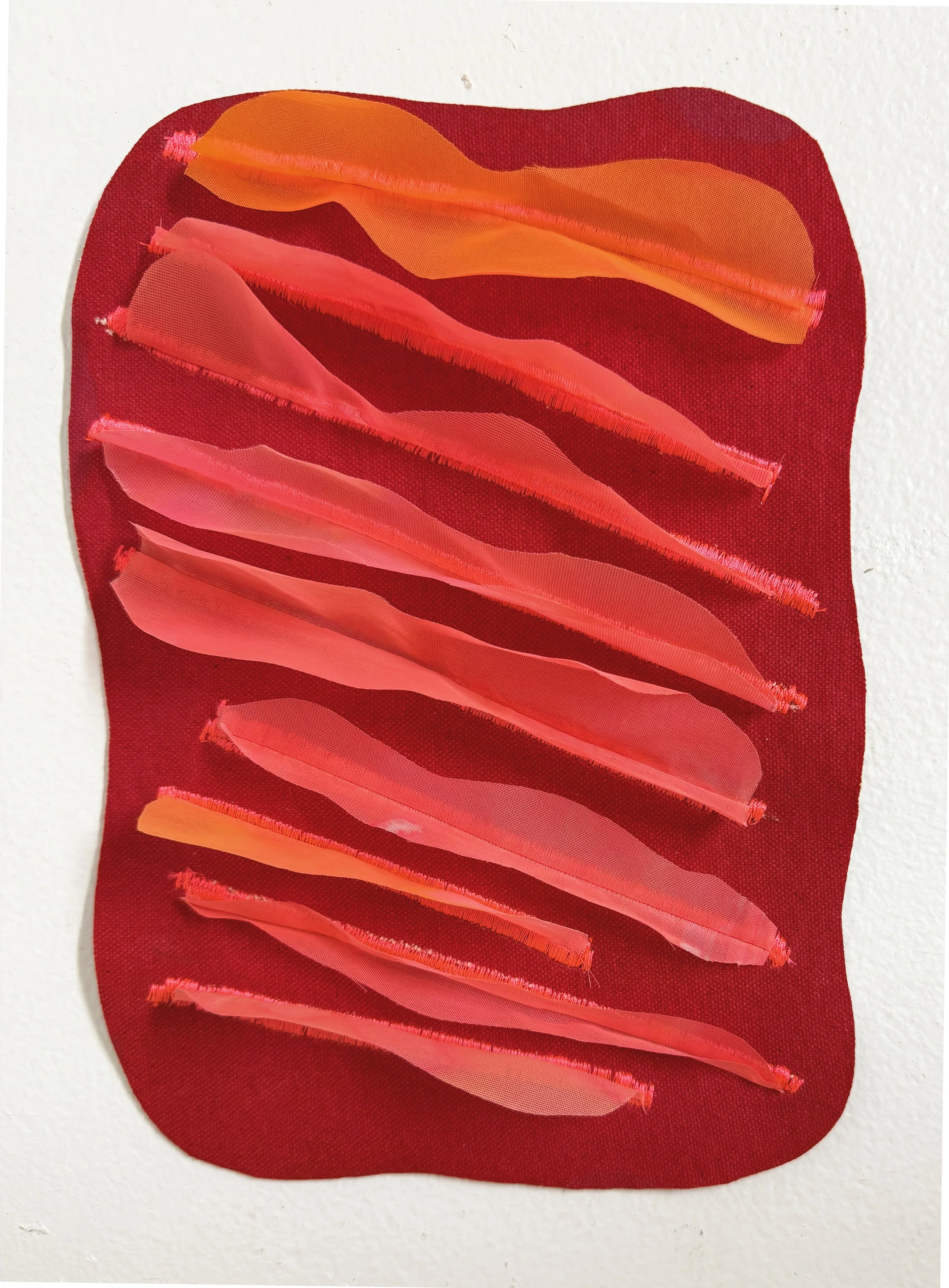 "Chromawaves I"
9" x 6.5"
acrylic on raw canvas and sheer fabric, thread