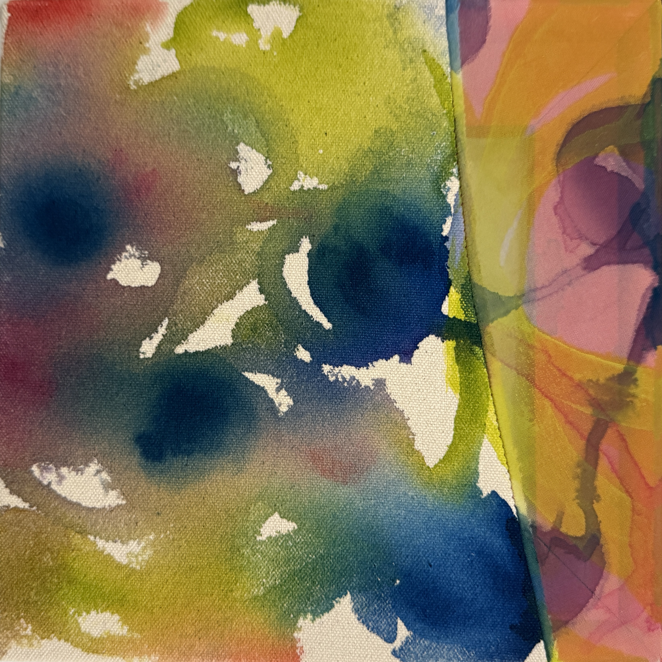 "Lime Combo I"
Acrylic on raw canvas, acrylic and dye on sheer fabric
8" x 8"