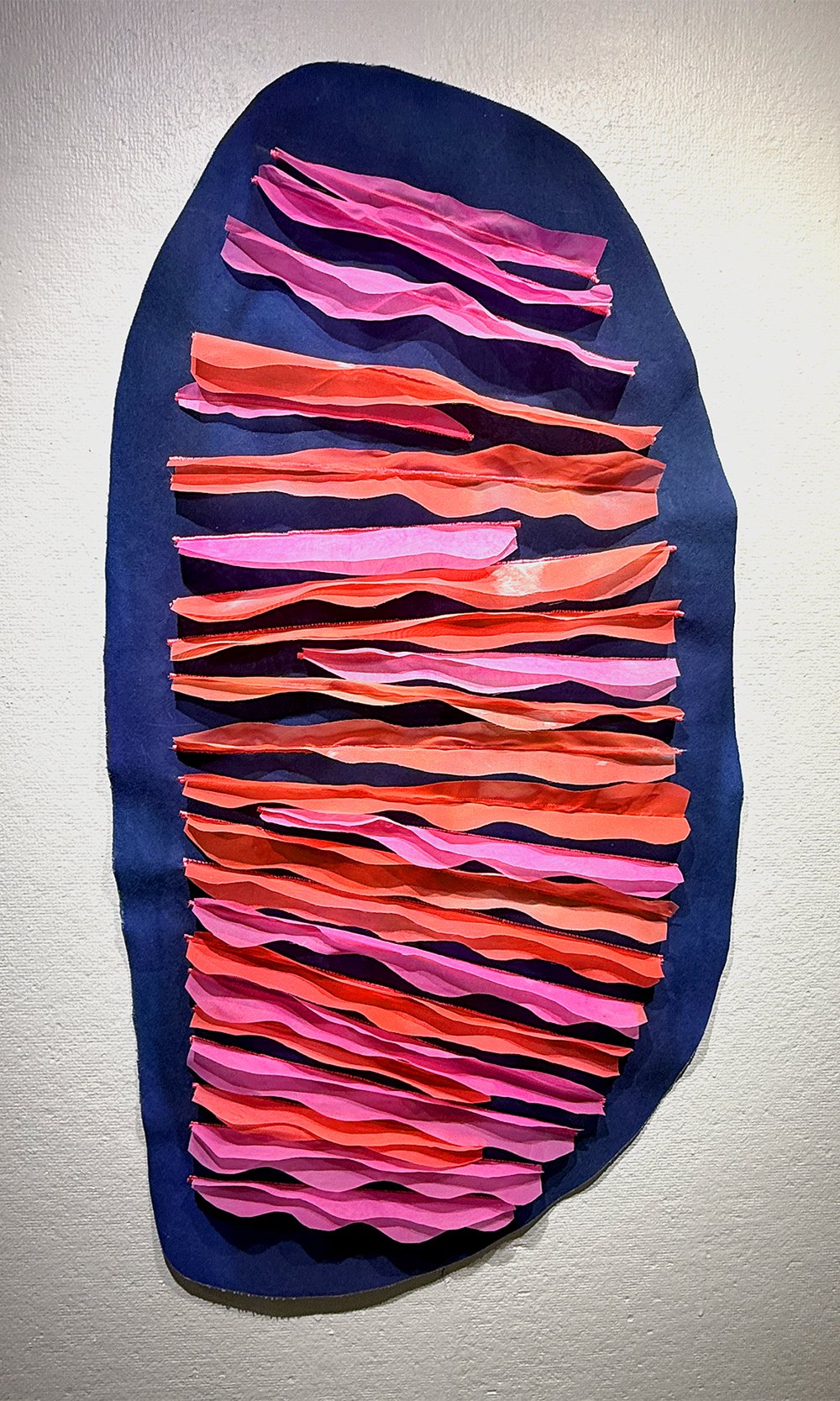 "Chromawaves II"
approx. 28" x 18"
acrylic on raw canvas and sheer fabric, thread