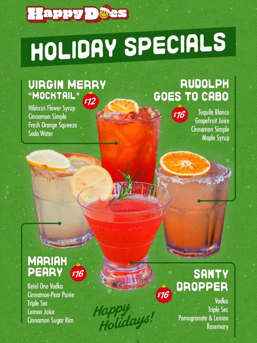 Santa just dropped off our holiday menu! Get into the holiday spirits all season long with Rudolph Goes to Cabo, Mariah Peary &amp; Santy Dropper or the Virgin Merry mocktail. 🎅🏽🍹🎄