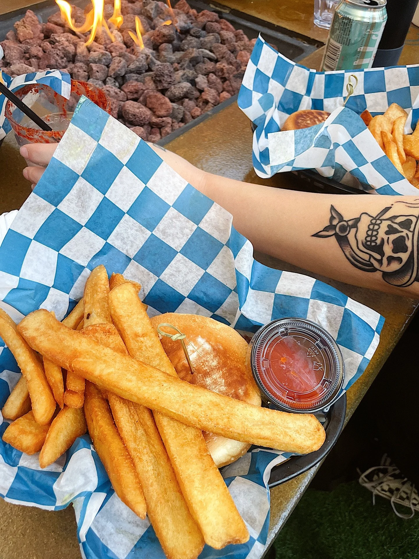 Thicc fries save lives. 🍟🩺 Get cozy by the fire with your faves on our patio!