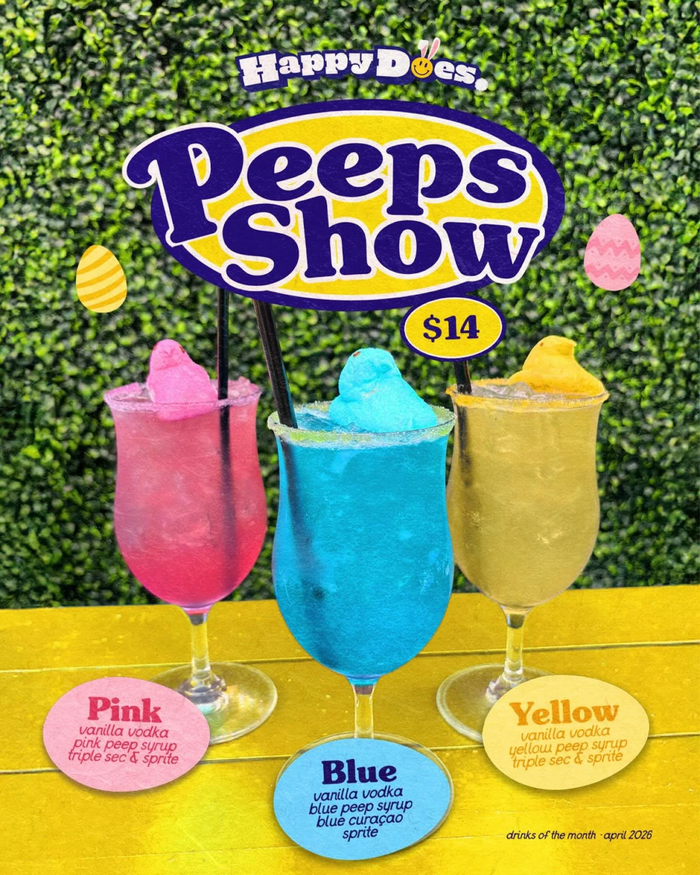 PEEP this 👀🐣 Our cutie drinks of the month are throwing a Peeps Show. Get all 3 all April long!

🩷 Pink Peep: vanilla vodka, pink peep syrup, triple sec &amp; sprite

🩵 Blue Peep: vanilla vodka, blue peep syrup, blue cura&ccedil;ao &amp; sprite

