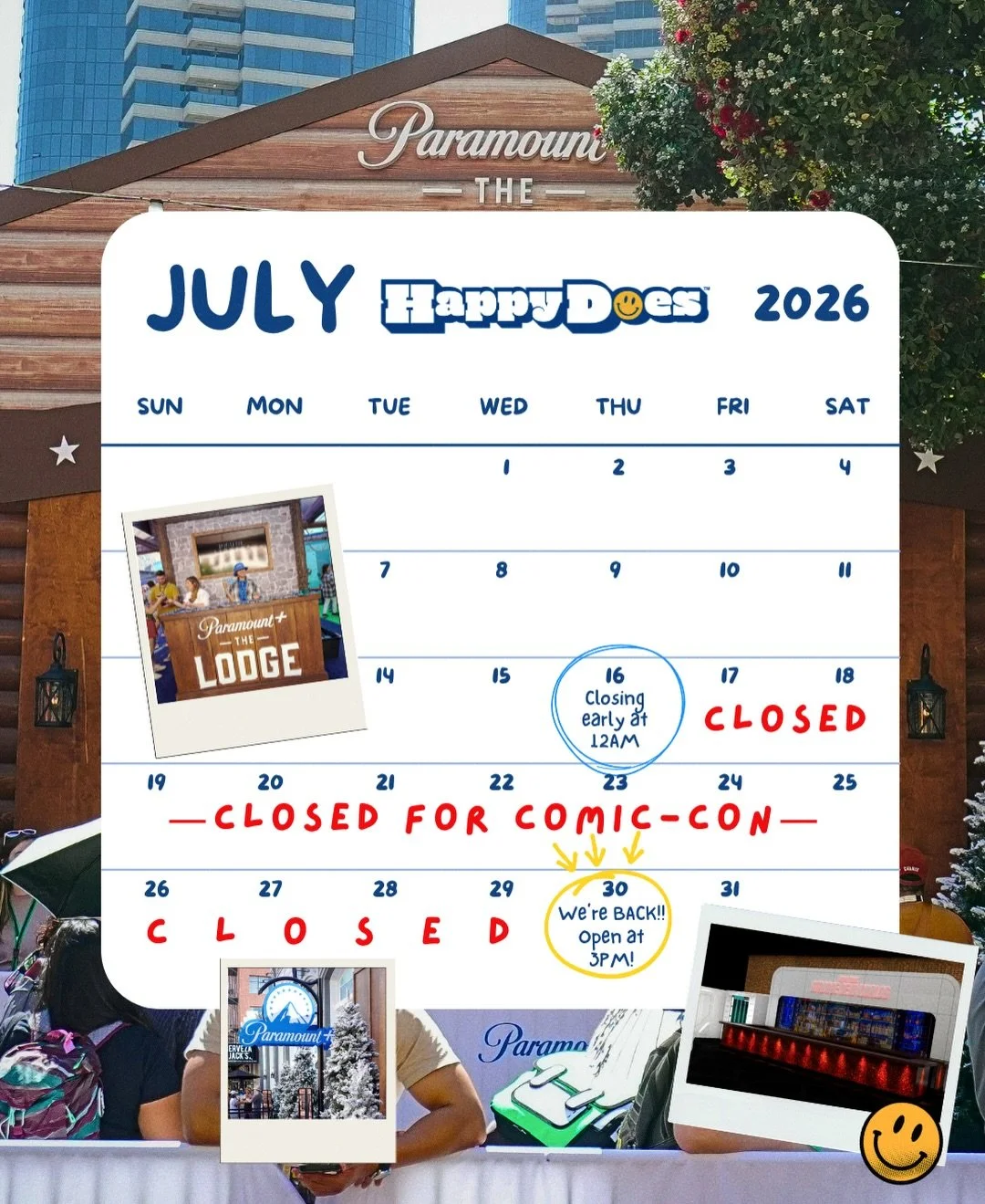 Just one day to get your Happy fix this week‼️Paramount+ The Lodge is returning! Come by this Thursday from 3pm - 12am as we&rsquo;ll be closed to the public for @comic_con Friday, 7/17 - Wednesday, 7/29. 🏔️💭 #sdcc