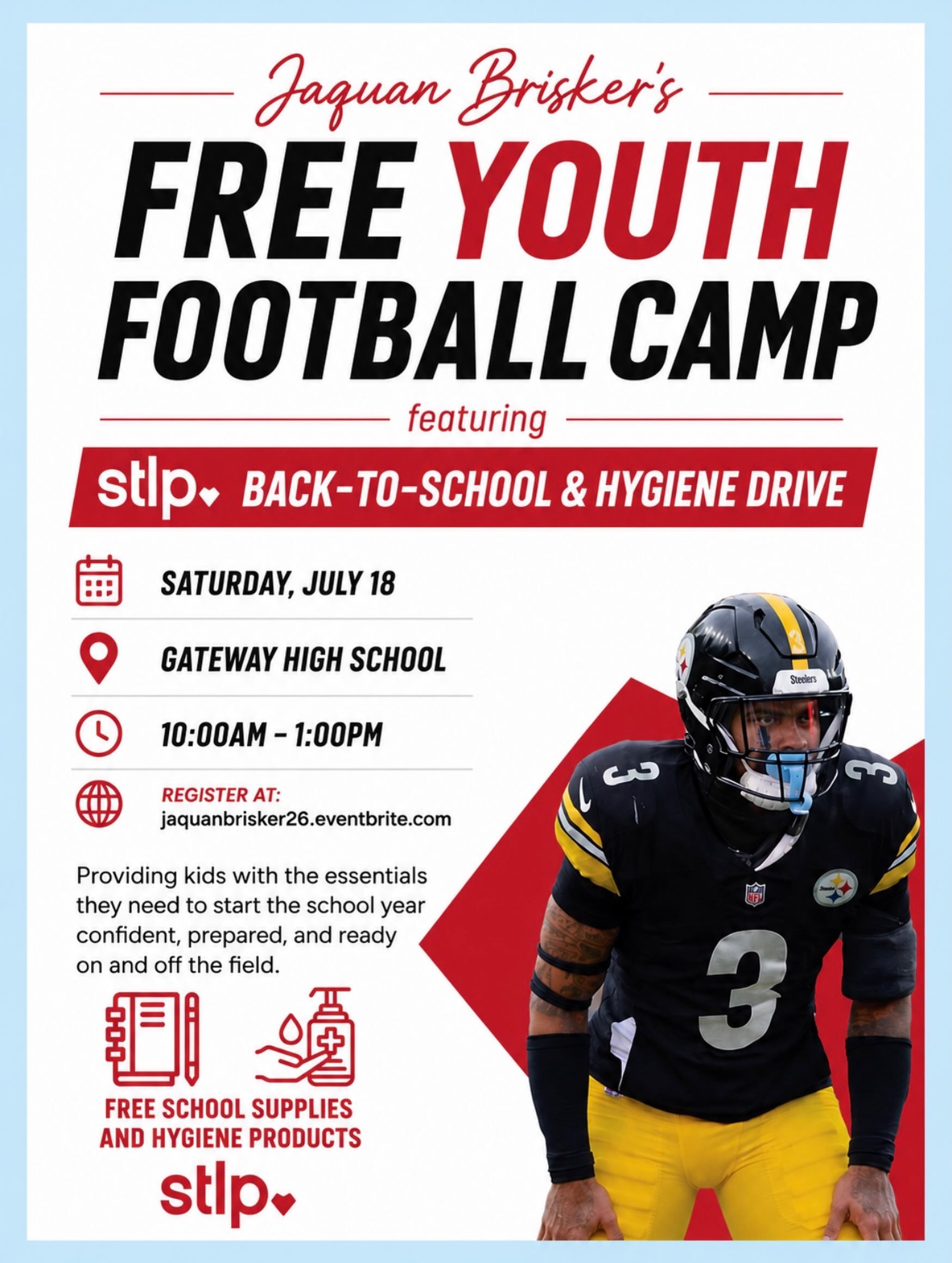 POSTPONED TO 7/25 DUE TO INCLEMENT WEATHER 🌧️ We&rsquo;re incredibly excited to collaborate with @quannyb_ for his Free Youth Football Camp, where Spread the Love Projects will be providing free back to school supplies and hygiene essentials to ever