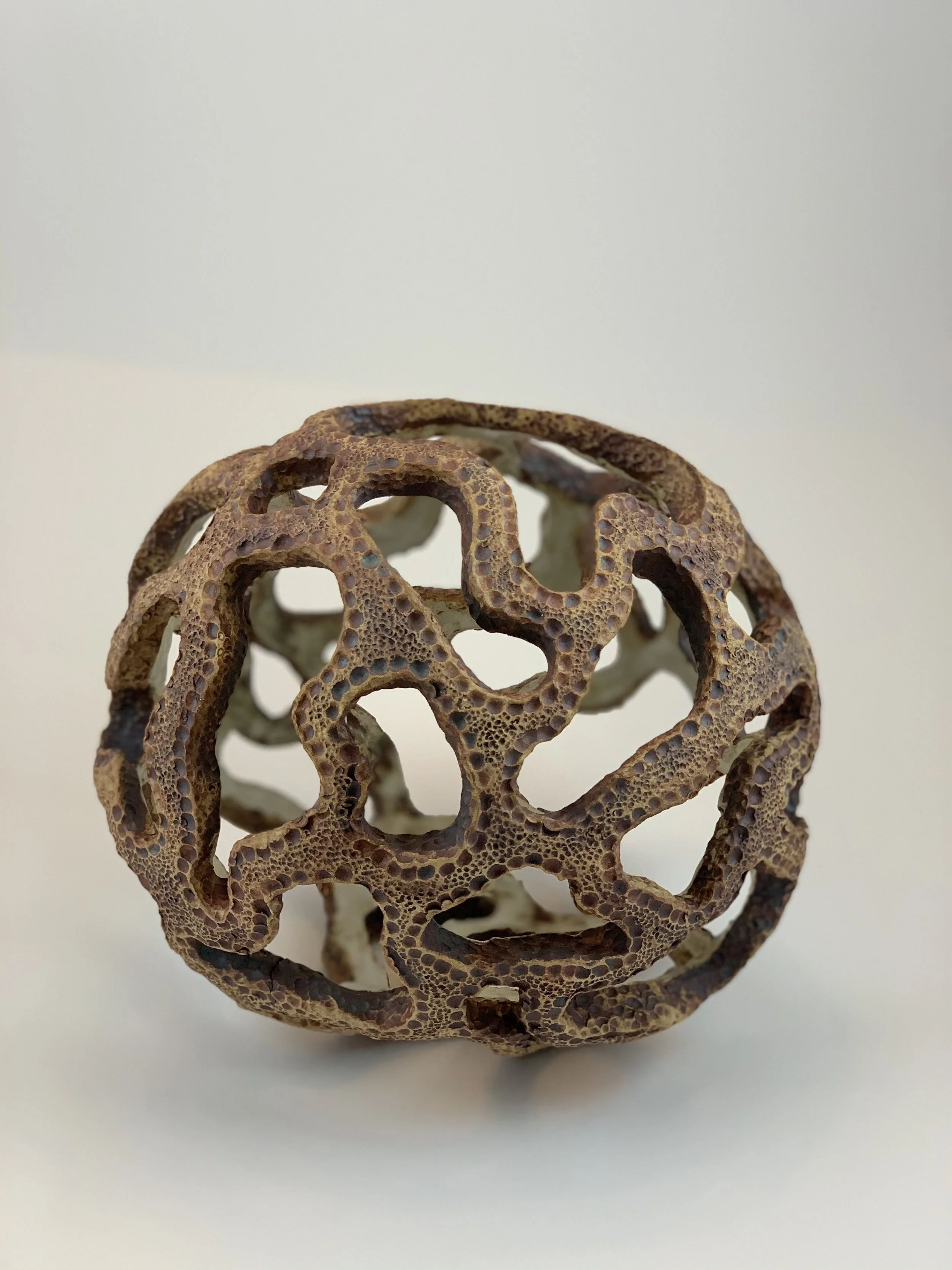 A dried, intricate, openwork seed pod or plant skeleton with a spherical shape and algae or soil stains, displayed against a plain background.