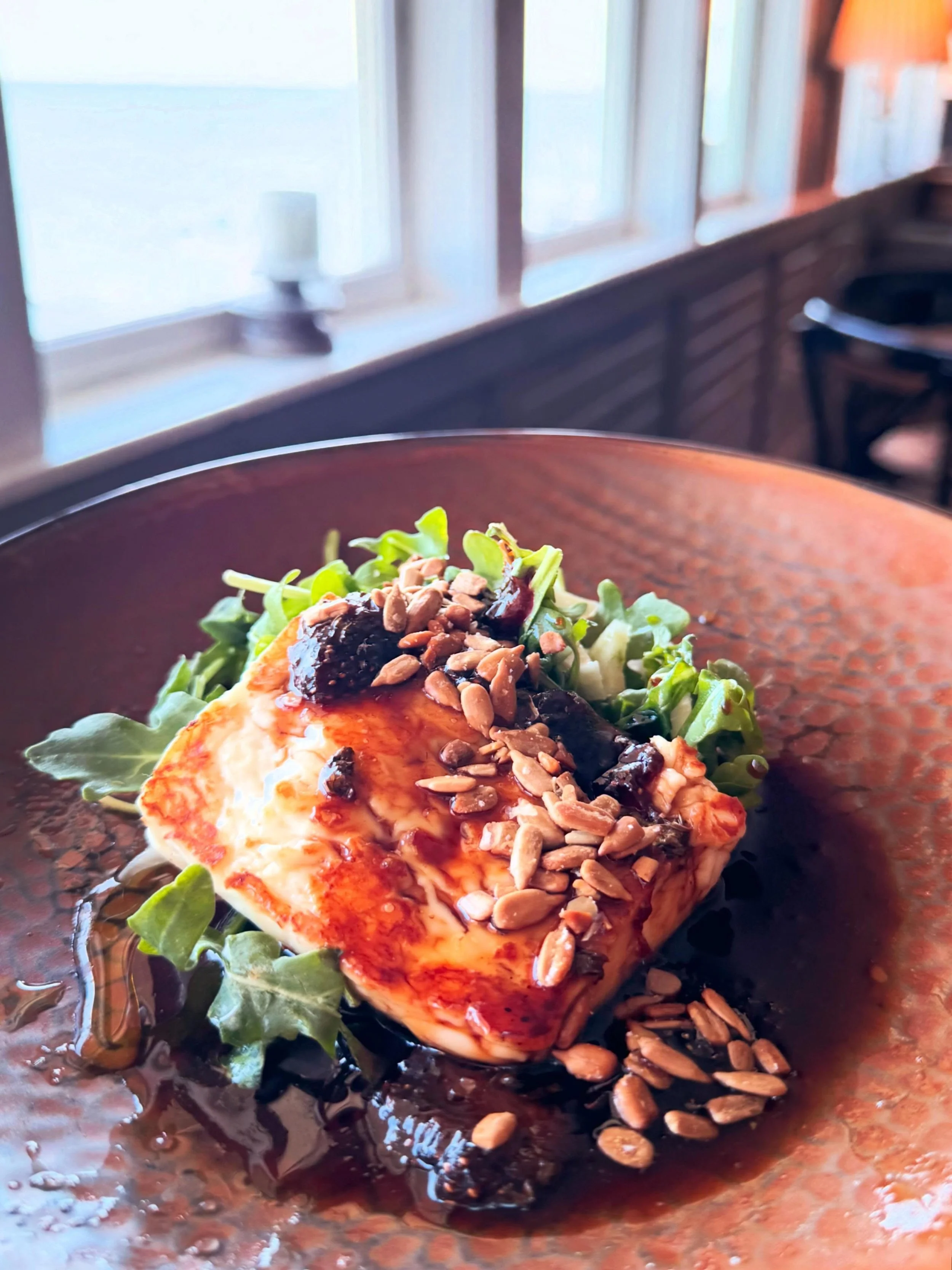Summer flavors are starting to show up in our nightly specials! Tonight start your meal with this seared halloumi cheese finished with a local strawberry agrodolce - an Italian sweet and sour sauce that is the perfect foil for the salty cheese. Arugu