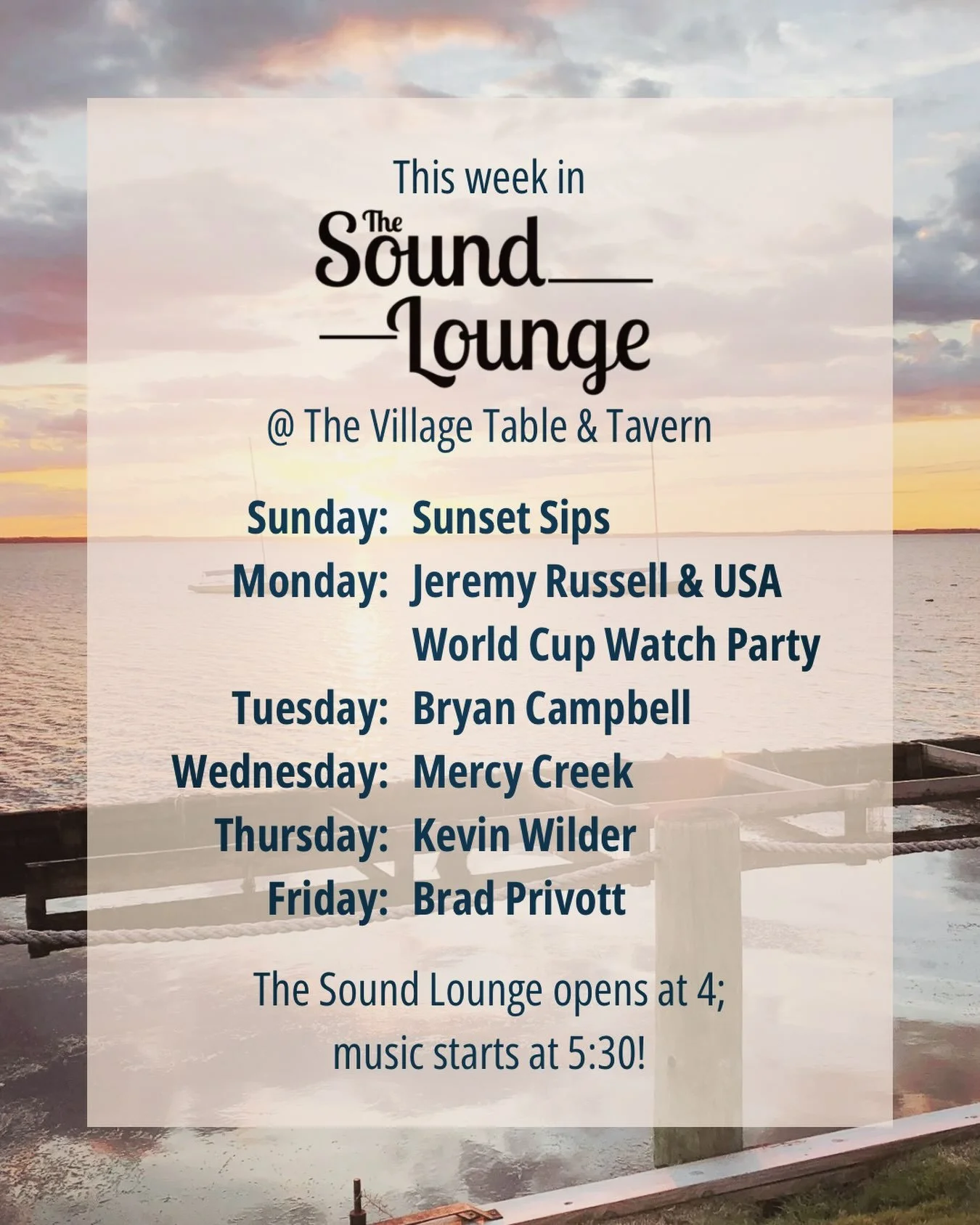 Visit us in The Sound Lounge this week! 

Discover your ultimate waterfront destination in Duck: sip handcrafted cocktails by the water, enjoy live music, cheer on Team USA in the World Cup, and soak up those iconic OBX sunsets that never get old.
🍹