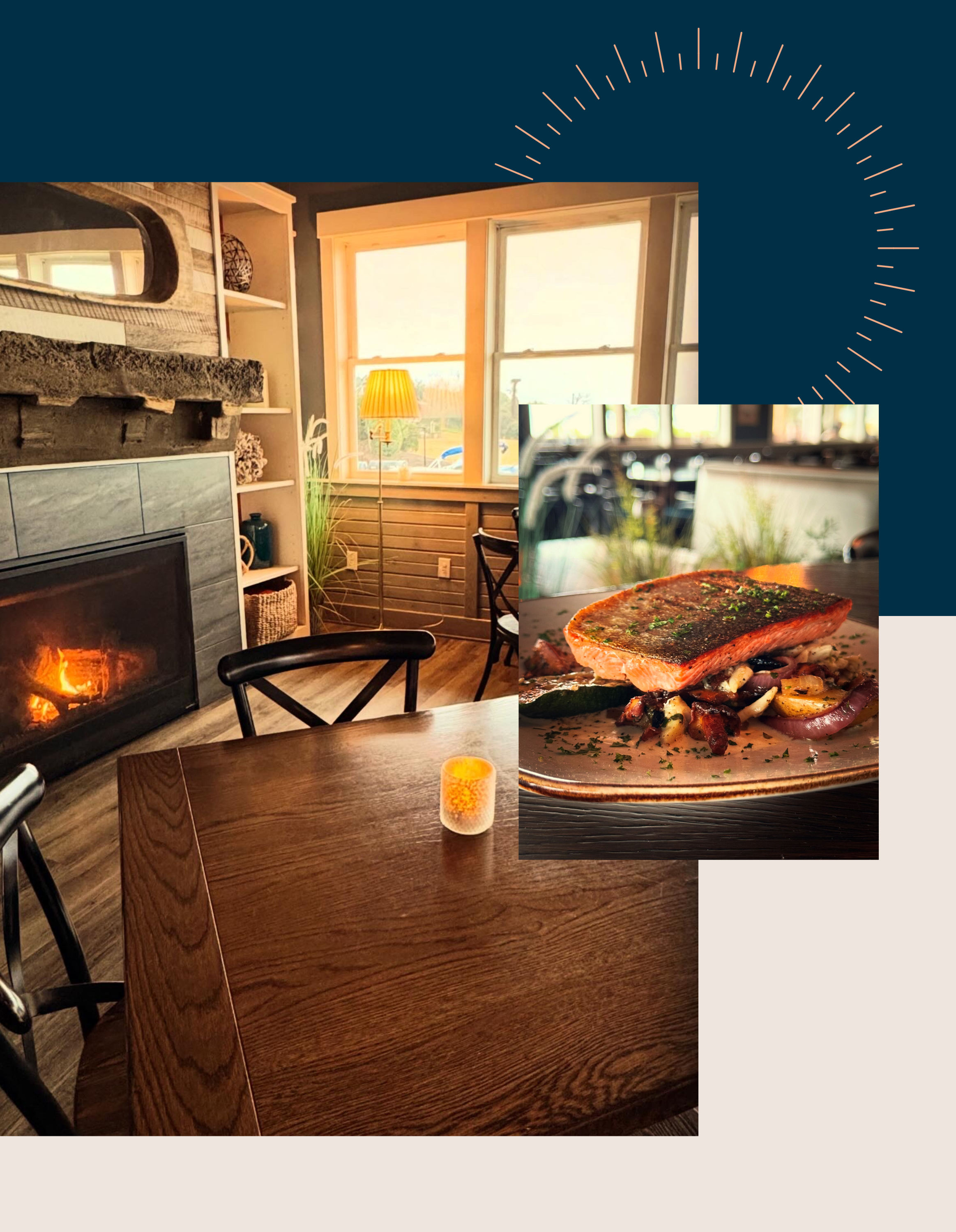 restaurant tables next to a fireplace with an inset of a seared salmon entree