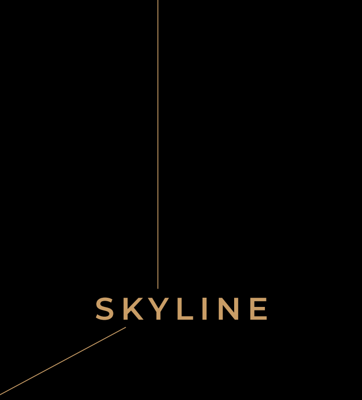 Black background with gold lines and the word "SKYLINE" in gold at the bottom center.