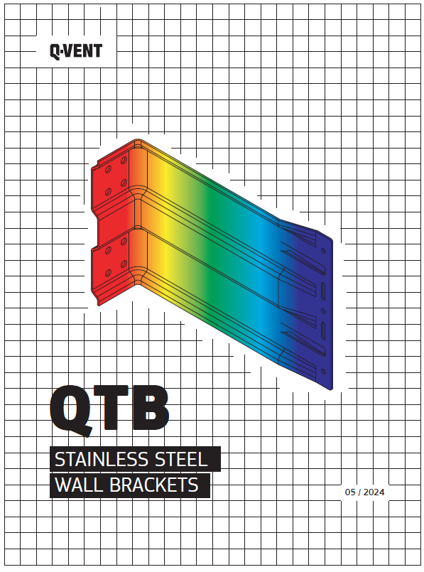 Color gradient illustration of a stainless steel wall bracket for QTB brand, with technical drawing grid background and text indicating product details and manufacturing date.