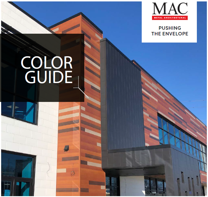 Cover of a color guide for metal architectural panels featuring a modern building with colorful metal siding, a large window, and a sign for MAC Metal Architectural with the slogan "Pushing the Envelope."