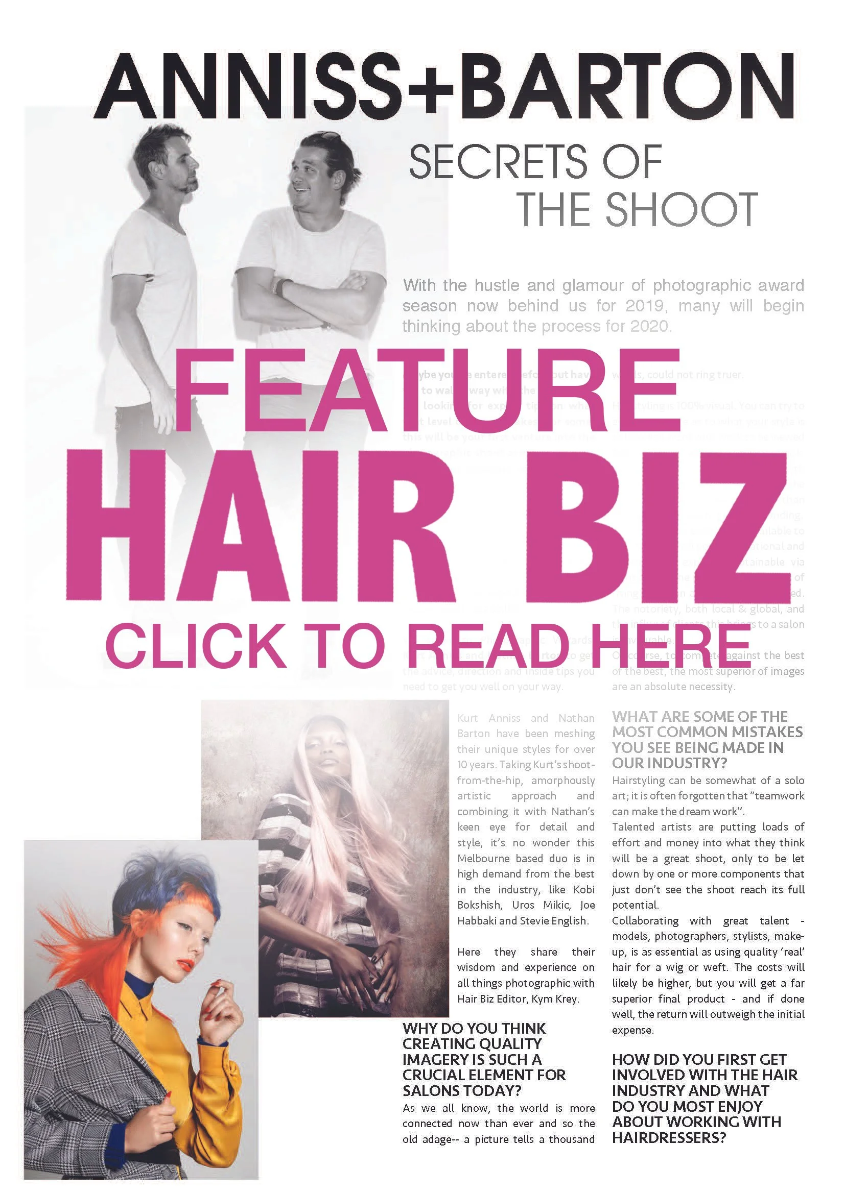 Hairbiz magazine feature page, Anniss+Barton Secrets of the Shoot