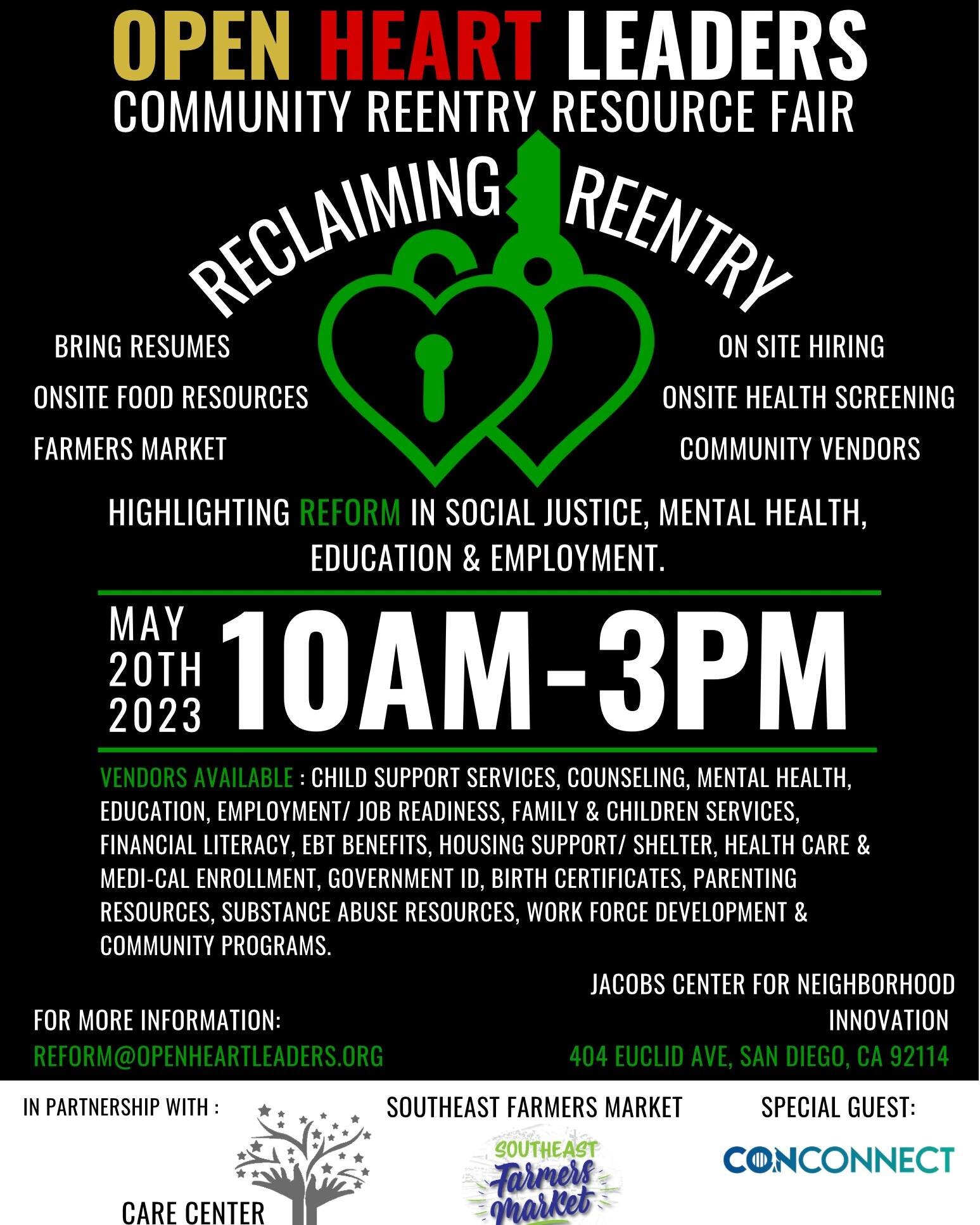 Open Heart Leaders, in partnership with Care Center and Southeast Farmers Market with Special Guest Andre Peart presenting ConConnect, is proud to host the Community Reentry Resource Fair on May 20th from 10am-3pm at the Jacobs Center for Neighborhoo