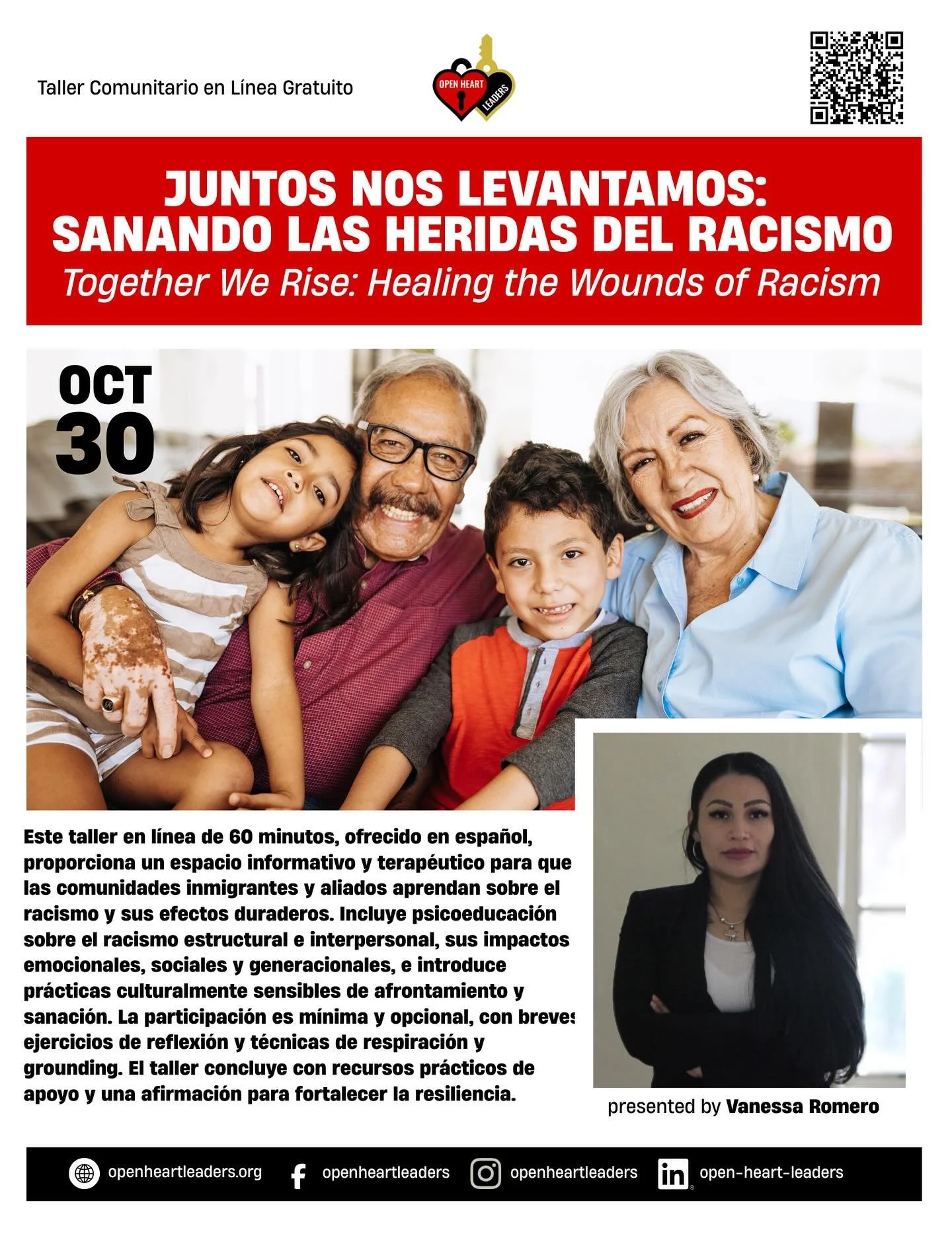 Save The Date! “Juntos Nos Levantamos: Sanando las Heridas del Racismo” / “Together We Rise: Healing the Wounds of Racism”
Join us for a powerful 60-minute online workshop (offered in Spanish) 
Created for immigrant communitie