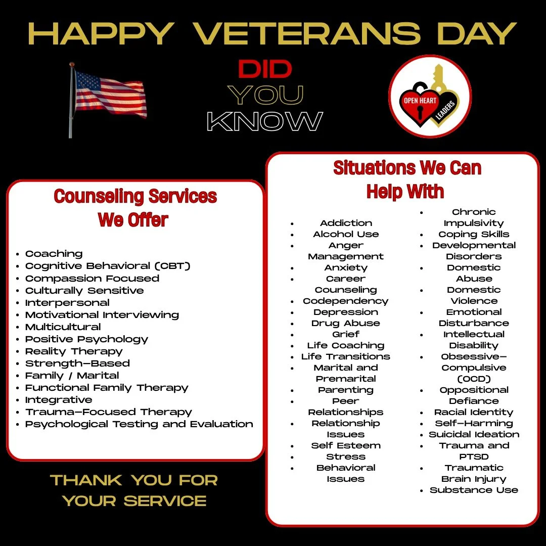 To every veteran who&rsquo;s carried the weight of service: you don&rsquo;t have to face the next chapter alone. At Open Heart Leaders, we offer trauma-focused, culturally sensitive counseling and care&mdash;honoring your journey, supporting your str