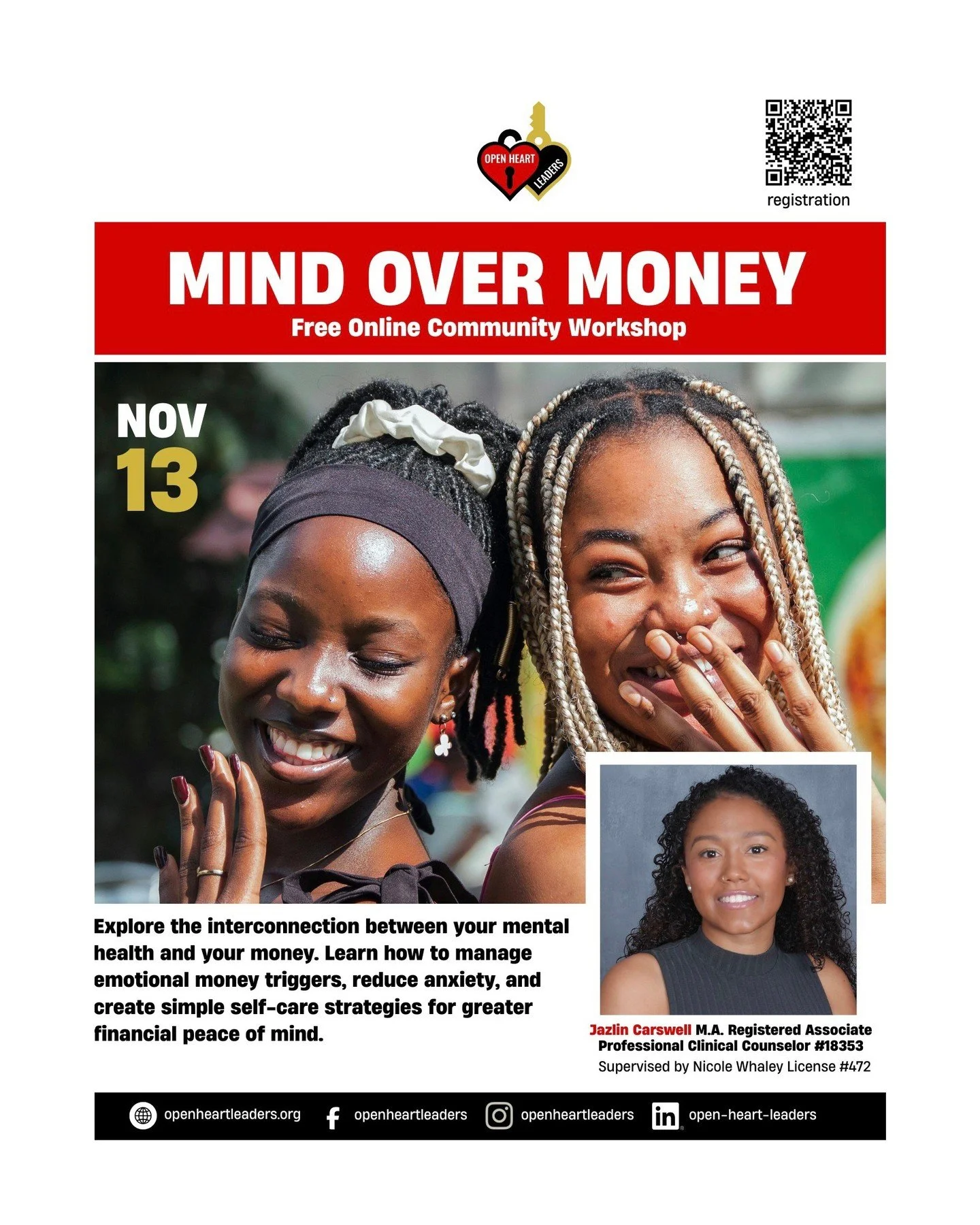✨Join us Thursday, November 13 from 6-7pm with Jazlin Carswell - Mind Over Money workshop!
Heal your money mindset &amp; feel good about your financial future!💸

Register: https://1l.ink/JV68XPW

#OpenHeartLeaders #HealingCommunities #MentalHealthMa