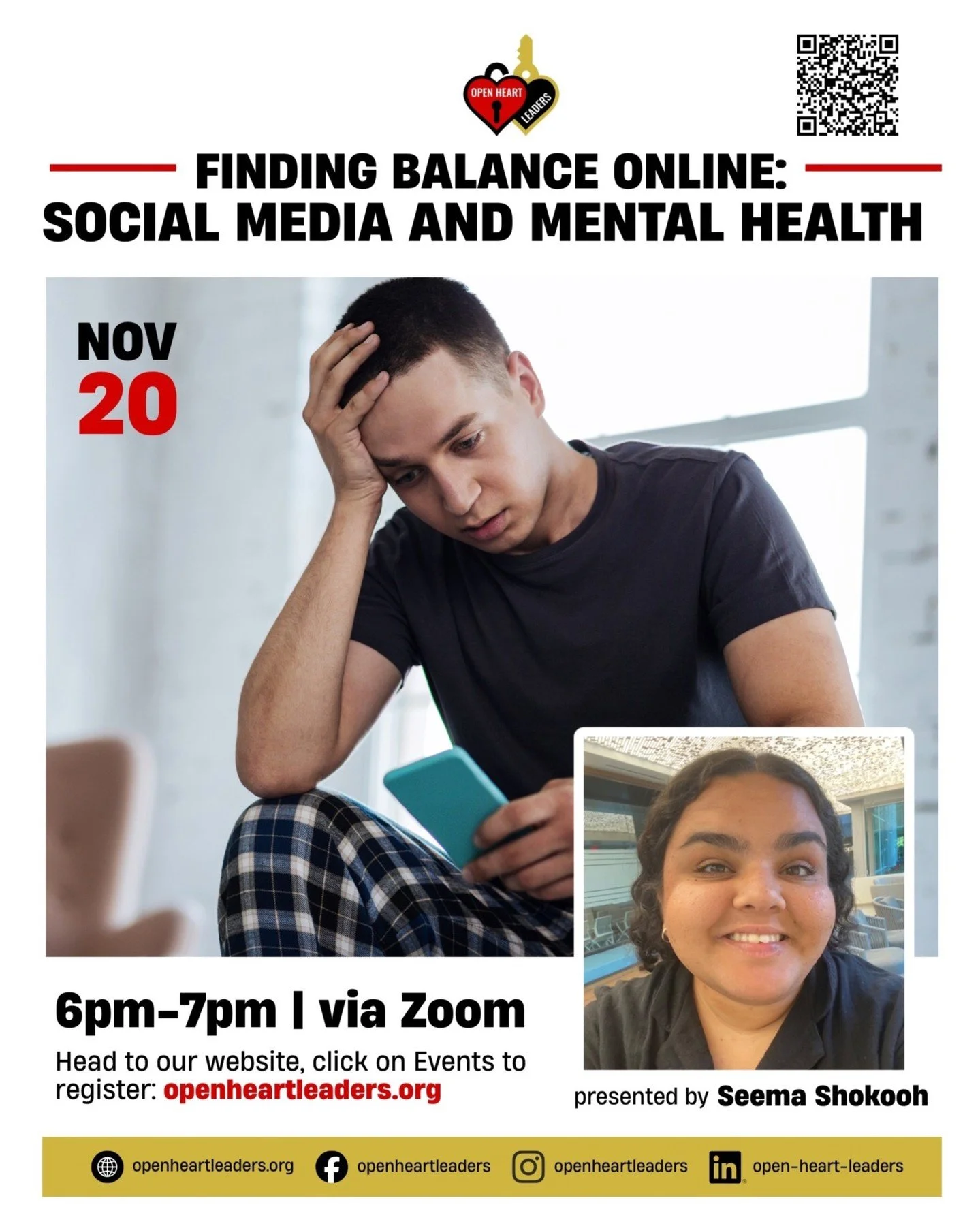 Join Seema Shokooh as she presents, Finding Balance Online: Social Media and Mental Health!📱

To register please visit: https://1l.ink/P2R6QTW

#OpenHeartLeaders #HealingCommunities #MentalHealthMatters