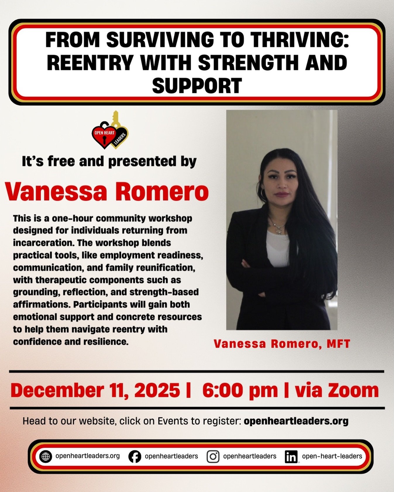 Join Vanessa Romero today for &ldquo;From Surviving to Thriving: Reentry with Strength &amp; Support!&rdquo;🌟
Returning from incarceration? 💪 This one-hour community workshop is designed to help you rebuild your life with confidence and resilience.