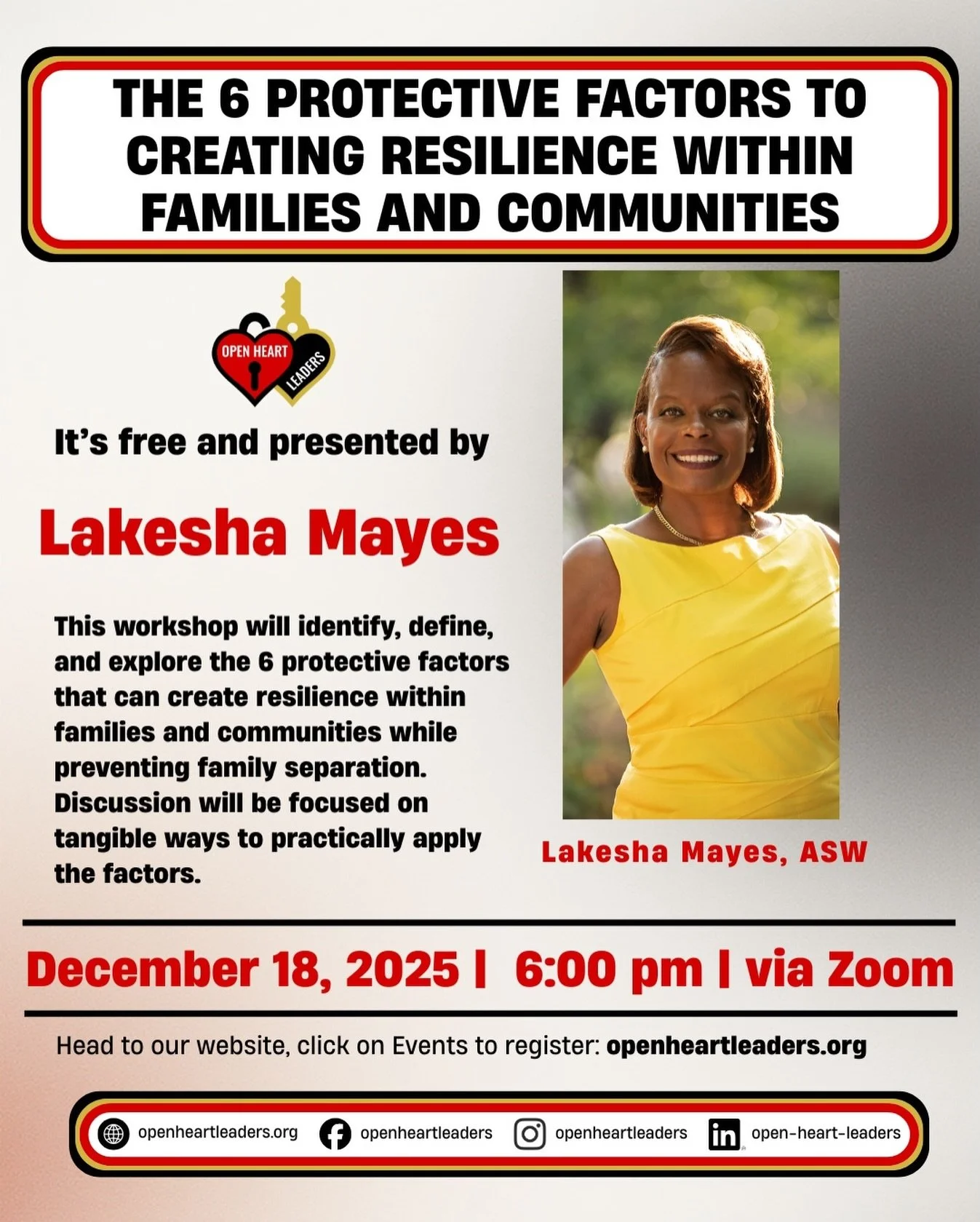 Join Kesha Mayes, Associate Clinical Social Worker, for The 6 Protective Factors to Creating Resilience Within Families and Communities. Learn practical, real-world strategies to strengthen families, build resilience, and prevent family separation.
&