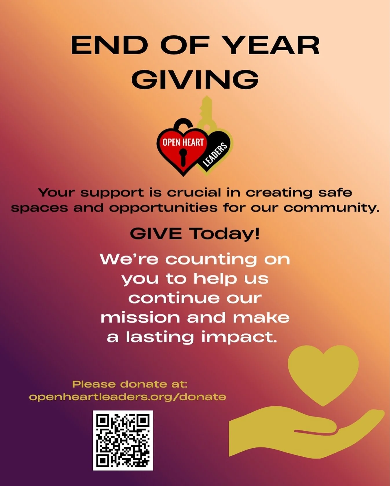 As the year comes to a close, we invite you to make your end-of-year giving count. ❤️

Open Heart Leaders is committed to strengthening mental health, education, and justice reform &mdash; and your support helps us keep doing the work that changes li