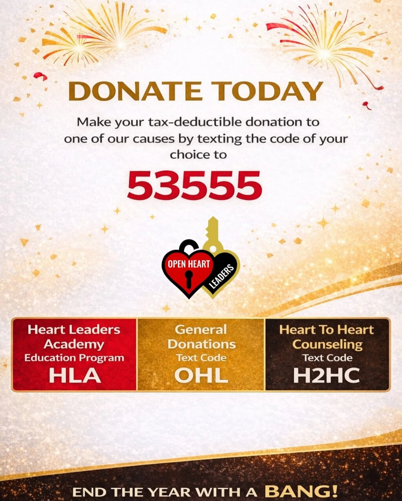 As we close out the year, we&rsquo;re grateful for every heart that chooses to give 💫

📲 Text 53555 to donate Choose your cause: HLA | OHL | H2HC
Together, we&rsquo;re building a brighter future, one heart at a time ❤️

#OpenHeartLeaders #YearEndGi