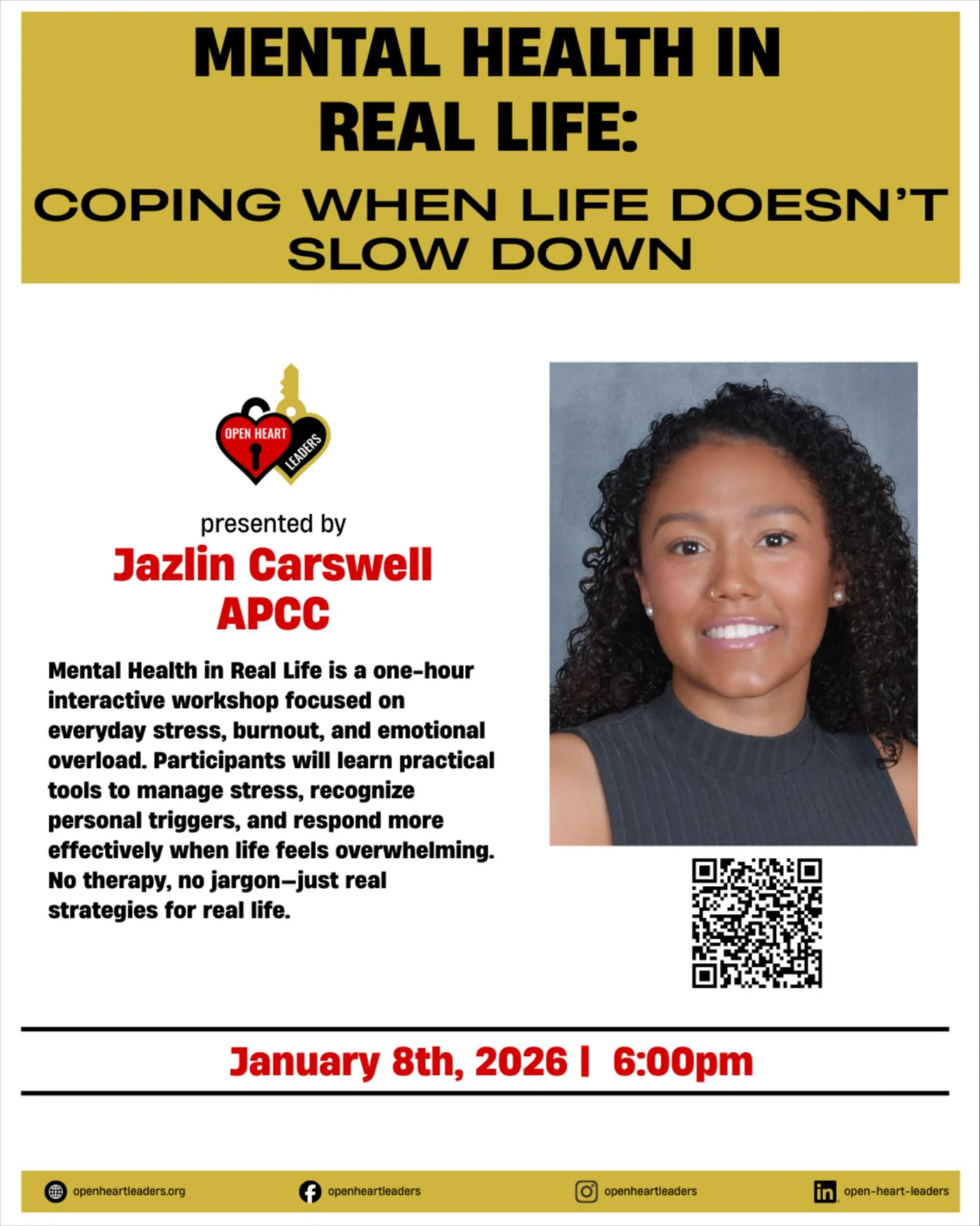 Life doesn&rsquo;t slow down, but you don&rsquo;t have to face it alone.

Join us for Mental Health in Real Life, a one-hour interactive workshop with Jazlin Carswell, Associate Professional Clinical Counselor, focused on practical tools for managing