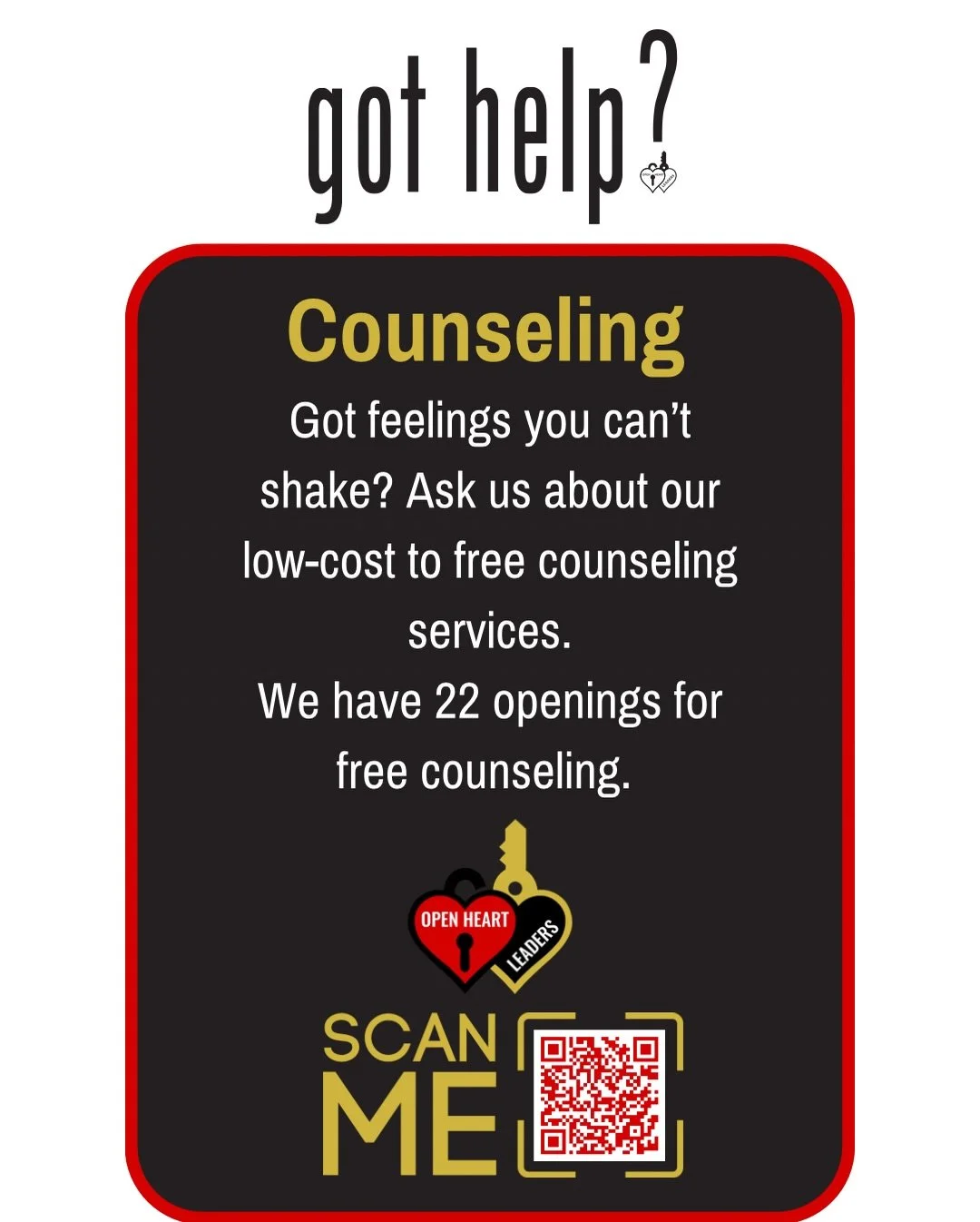 Got help?
If not&hellip; we got you.

Whether you&rsquo;re looking for support, education, counseling, or a way to give back, Open Heart Leaders is here to walk alongside you.

Help looks different for everyone.
That&rsquo;s why we meet you where you