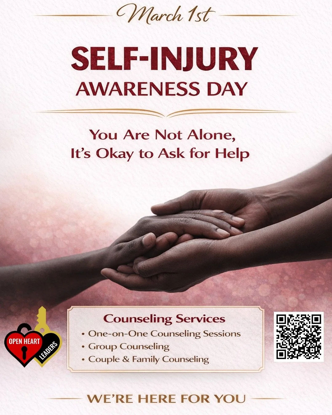 March 1st is Self-Injury Awareness Day, a day dedicated to raising awareness, breaking stigma, and creating space for honest conversations around self-harm. Self-injury is often a sign of deep emotional pain, not attention seeking behavior. Many indi