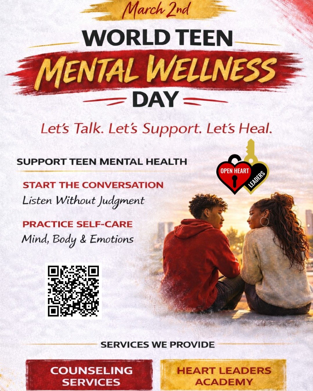 March 2nd is World Teen Mental Wellness Day ❤️

Our teens deserve safe spaces, honest conversations, and real support.

Let&rsquo;s talk.
Let&rsquo;s listen without judgment.
Let&rsquo;s prioritize self-care, mind, body, and emotions.

Through our Co