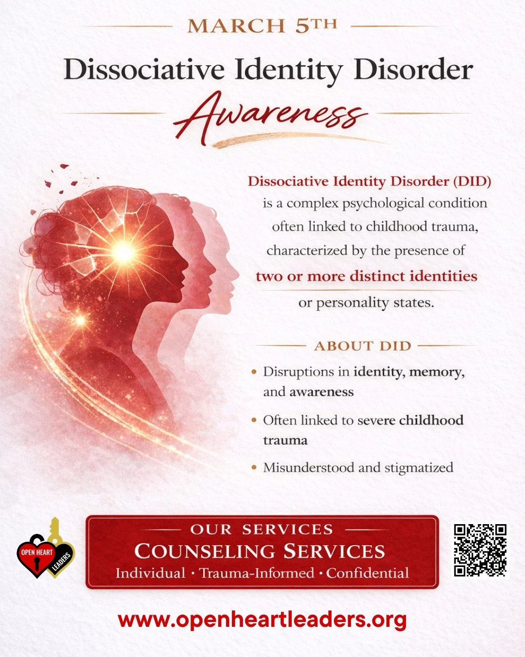 March 5th is Dissociative Identity Disorder (DID) Awareness Day, a time to raise awareness and reduce the stigma surrounding this complex trauma-related condition.

DID can involve disruptions in identity, memory, and awareness and is often linked to