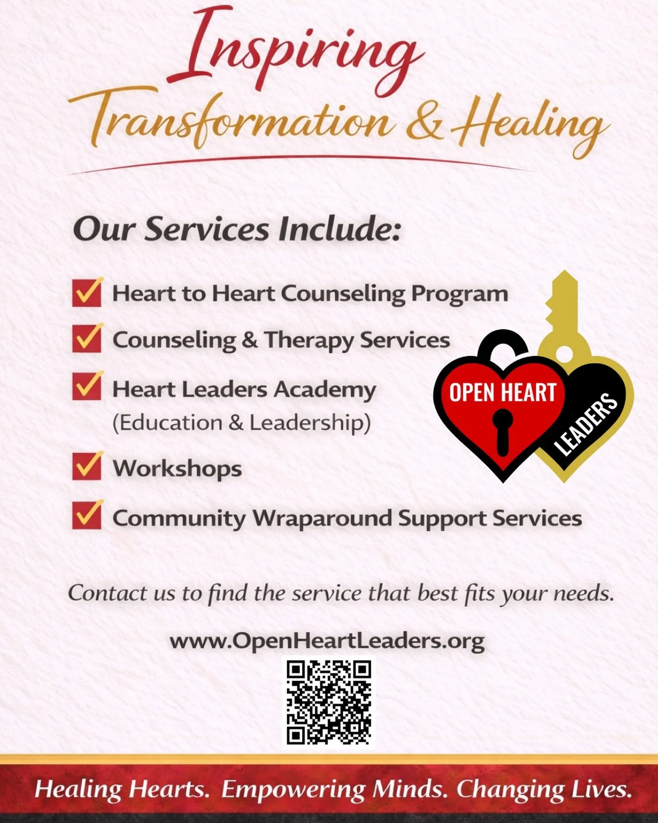 At Open Heart Leaders, our work is rooted in healing, growth, and real transformation. From Heart to Heart Counseling and therapy services, education and leadership development, workshops, and community wraparound support, we&rsquo;re here to meet yo